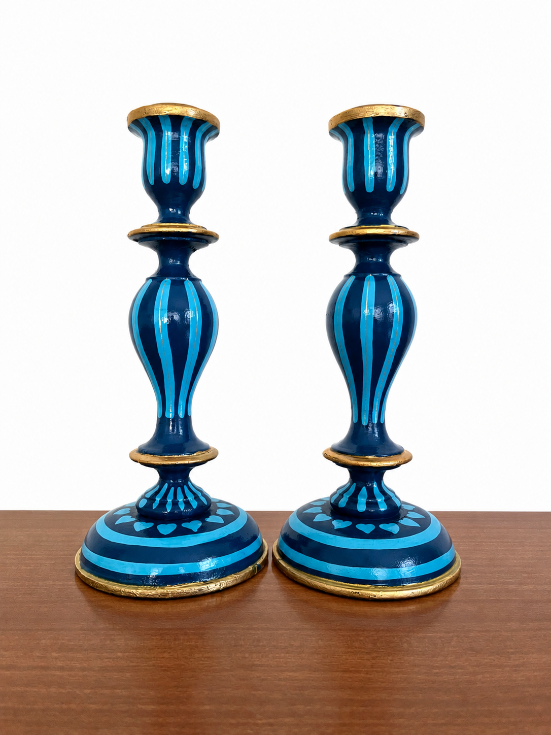 Pair of Large Blue Stripe Candlesticks