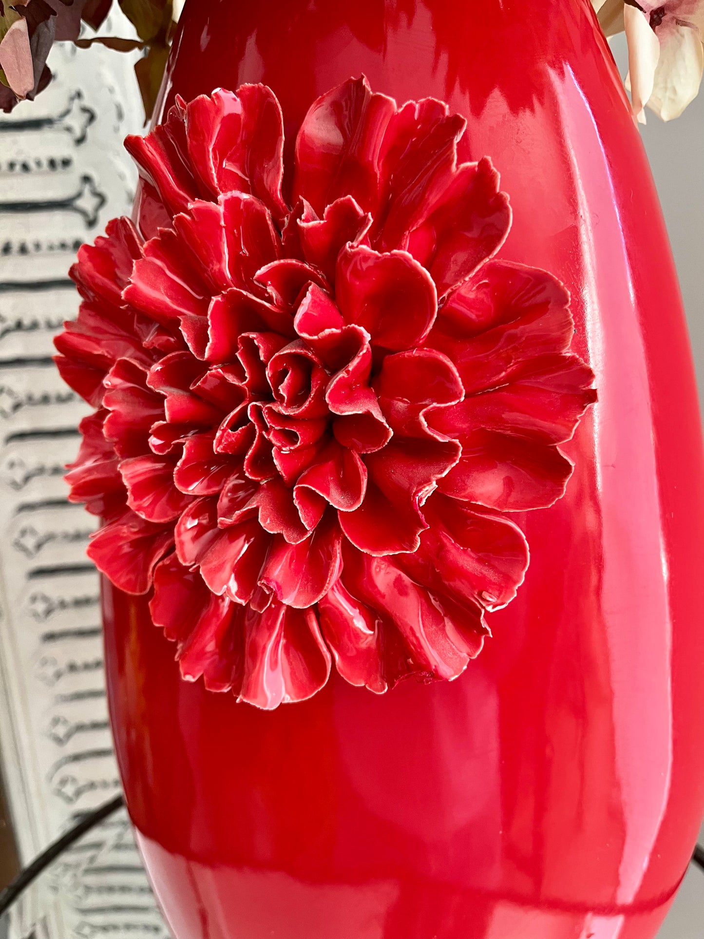 Gorgeous Red Vase with Carved Flower Detail