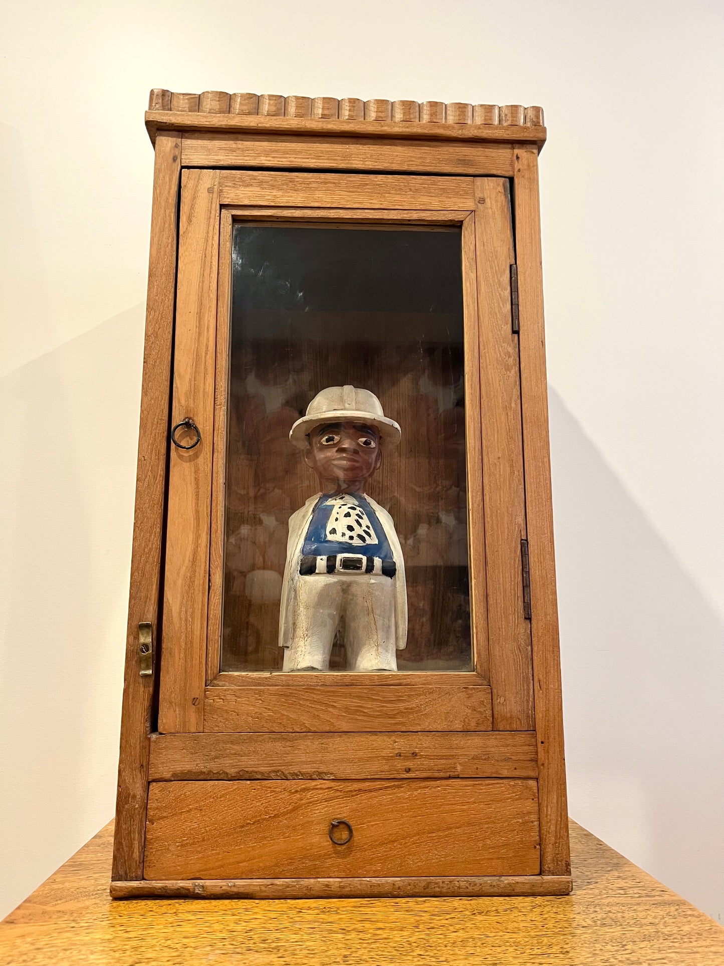 Vintage Wooden Display Cabinet with Wooden Figurine