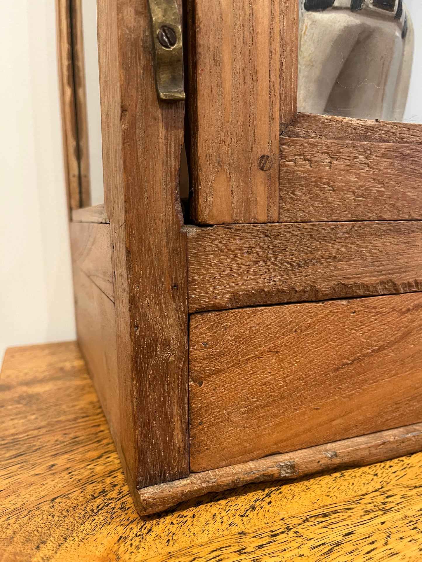 Vintage Wooden Display Cabinet with Wooden Figurine
