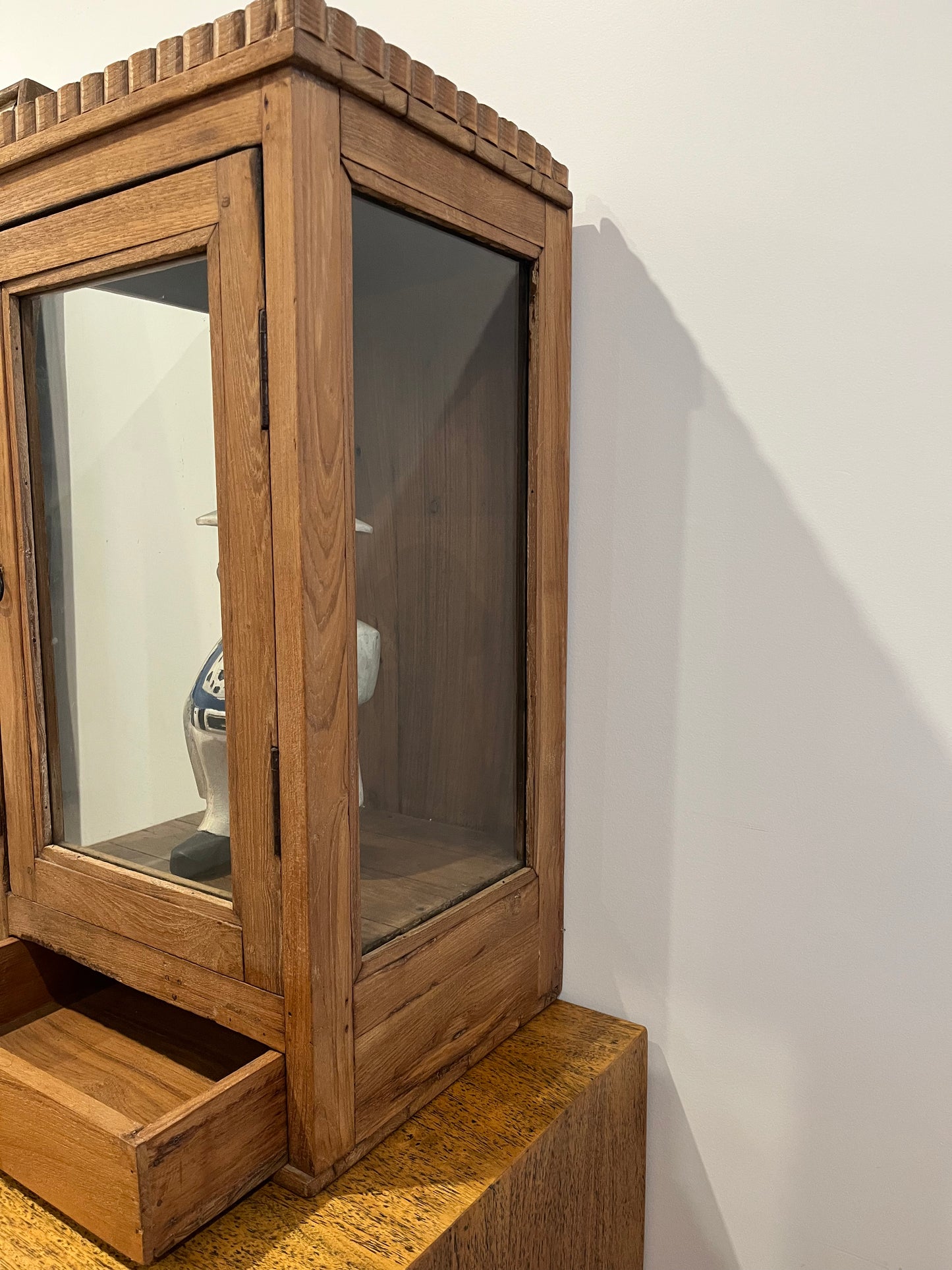 Vintage Wooden Display Cabinet with Wooden Figurine
