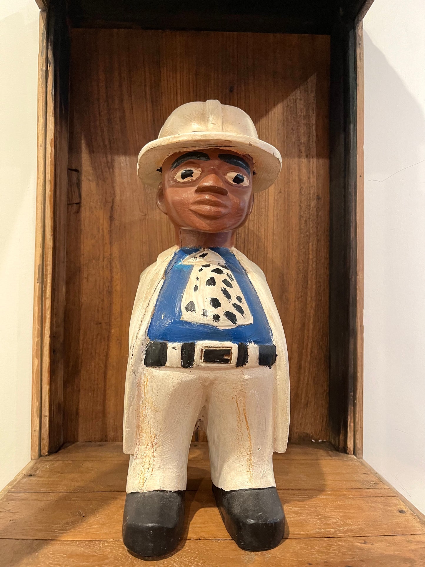 Vintage Wooden Display Cabinet with Wooden Figurine