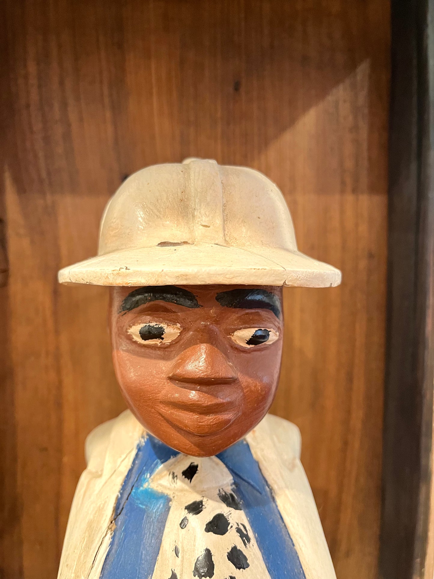 Vintage Wooden Display Cabinet with Wooden Figurine
