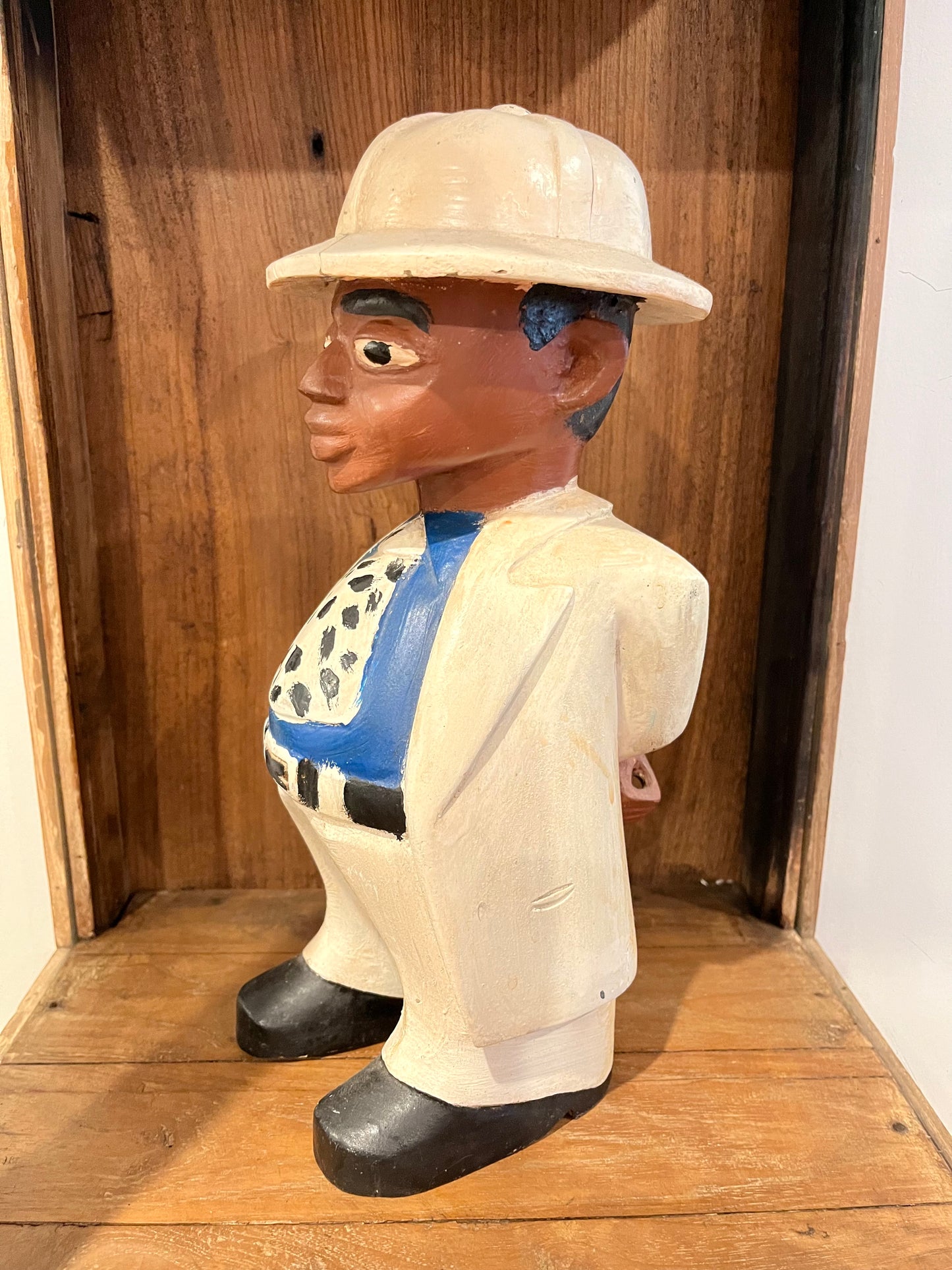 Vintage Wooden Display Cabinet with Wooden Figurine