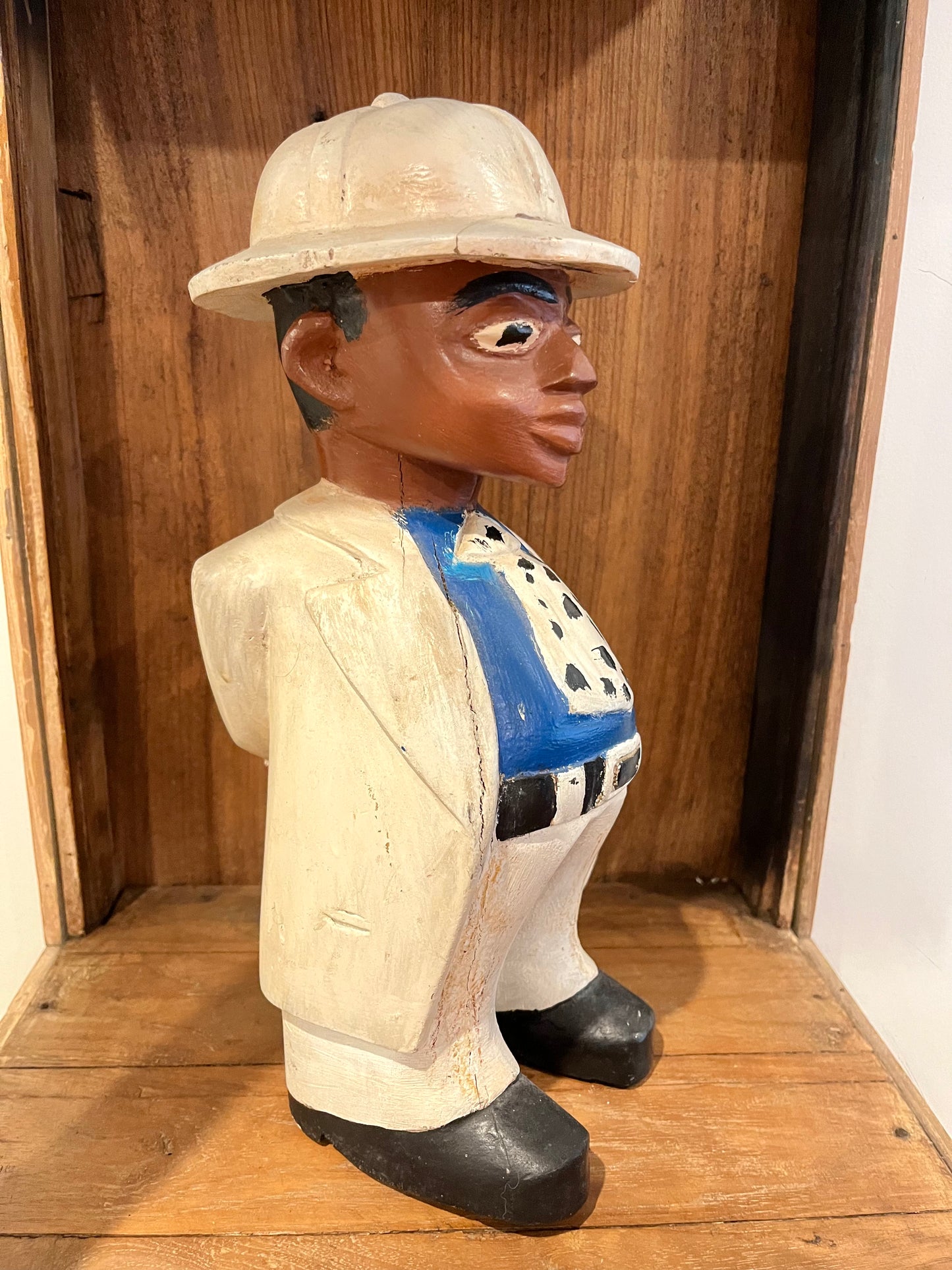 Vintage Wooden Display Cabinet with Wooden Figurine
