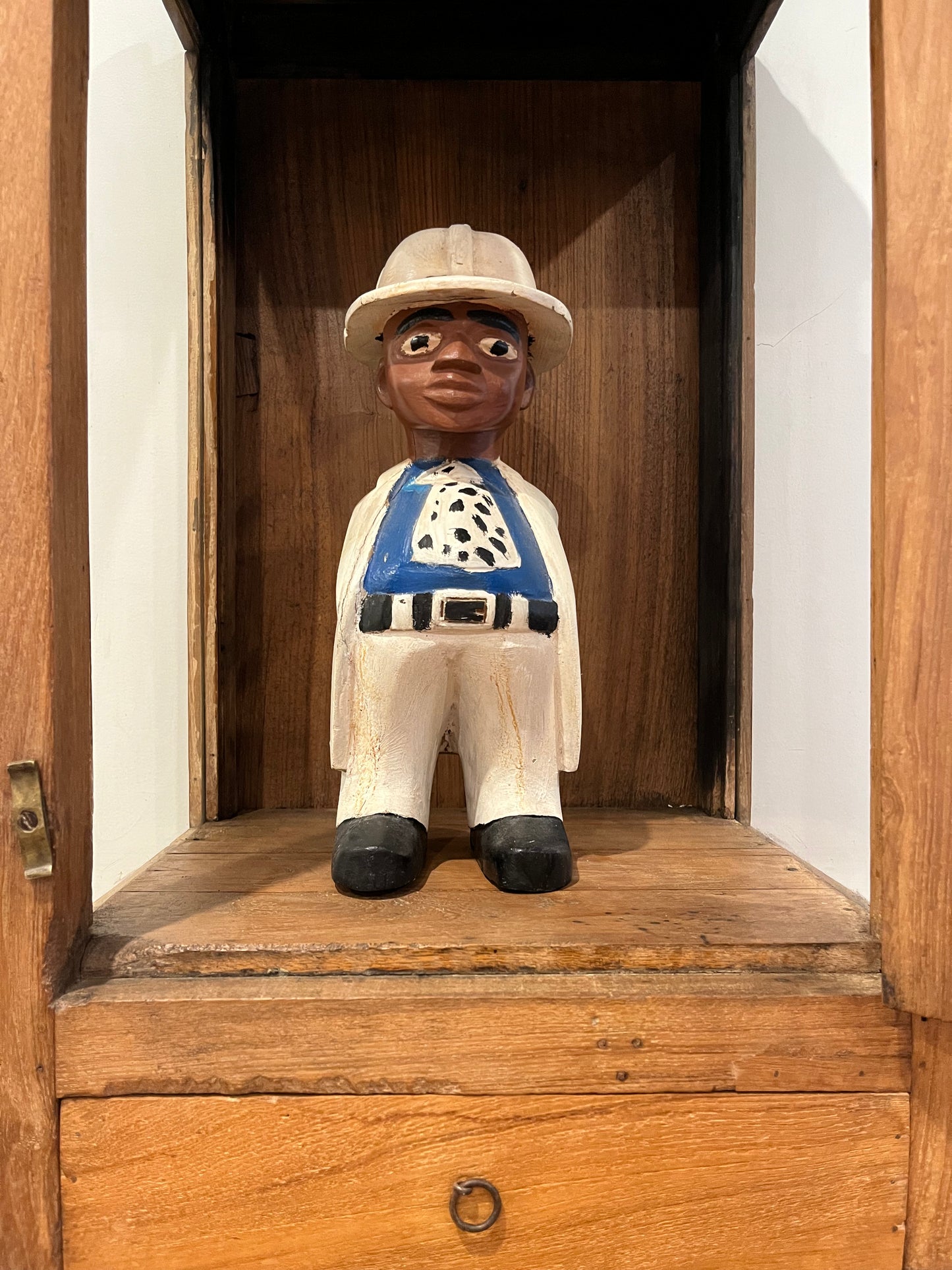 Vintage Wooden Display Cabinet with Wooden Figurine