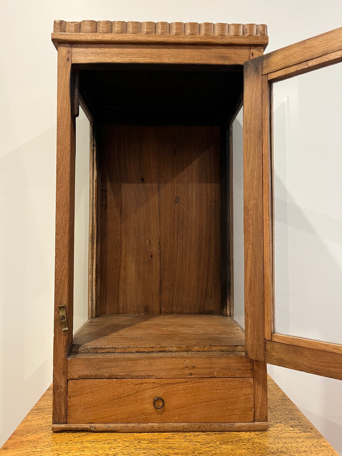 Vintage Wooden Display Cabinet with Wooden Figurine