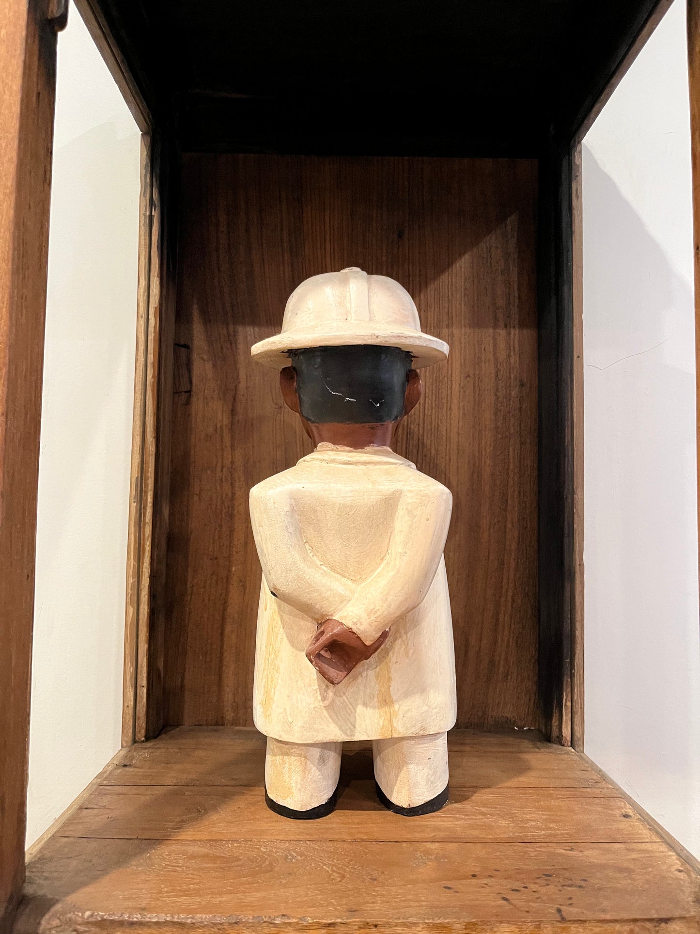 Vintage Wooden Display Cabinet with Wooden Figurine