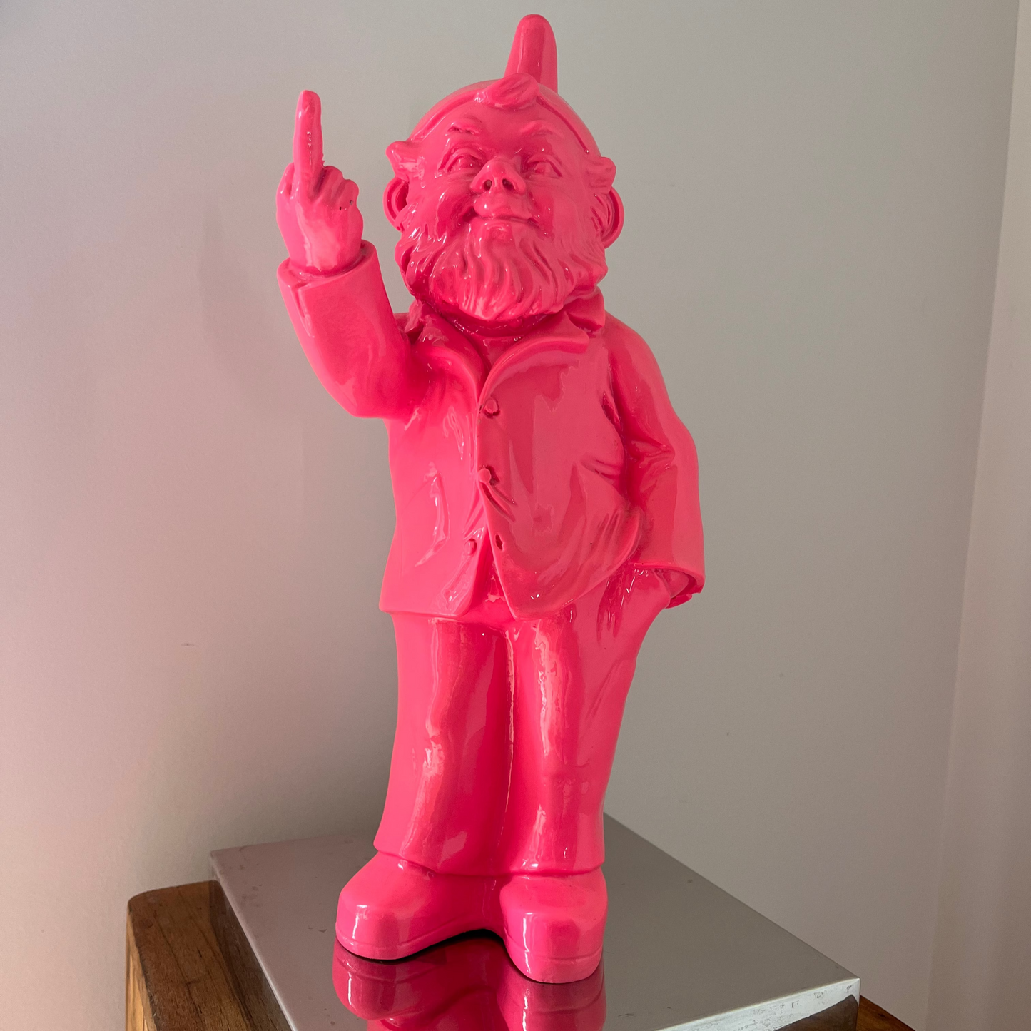Wooden Pillar Display Stand with Naughty Gnome