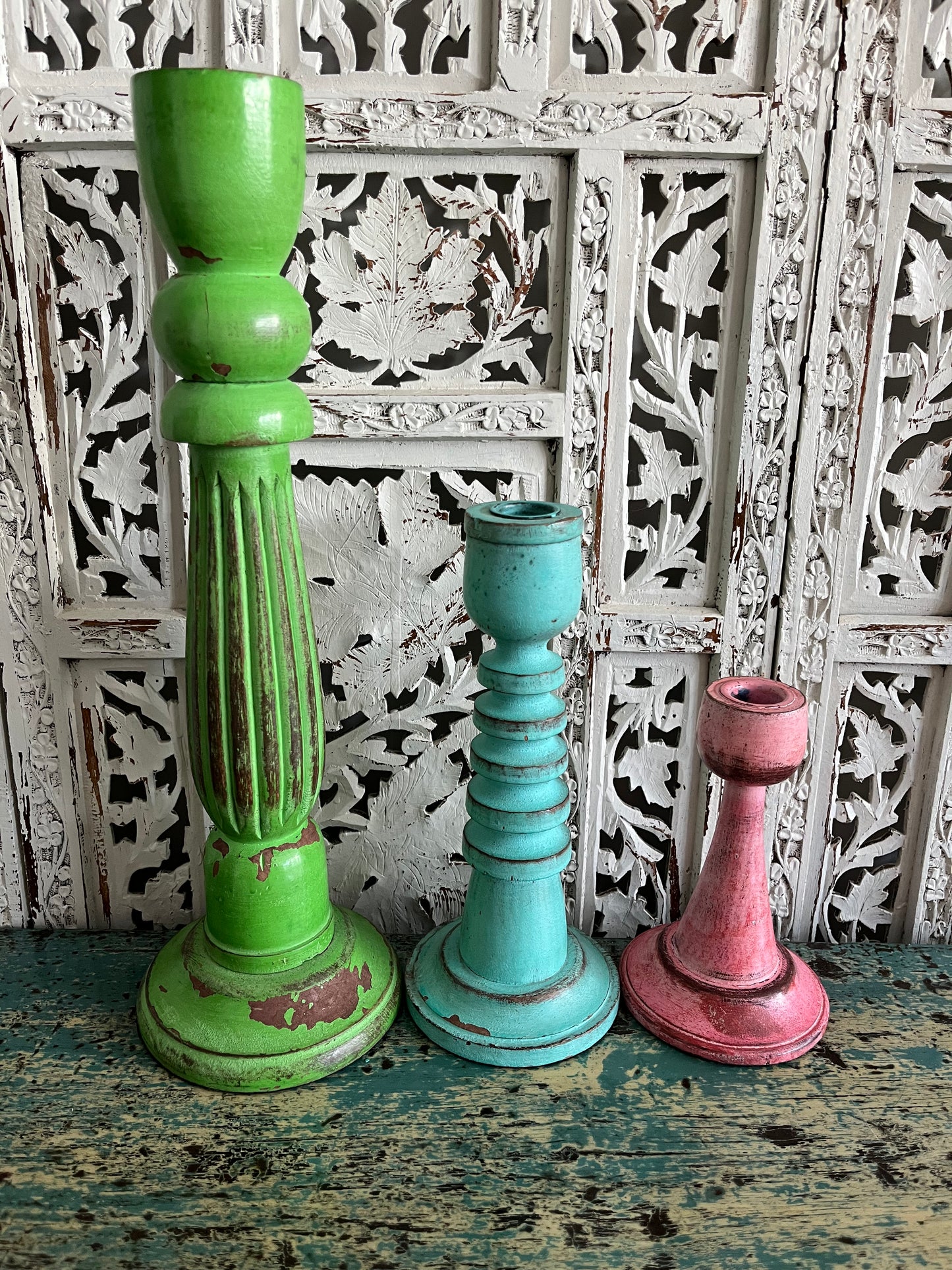 Colourful Trio of Wooden Shabby Chic Candleholders