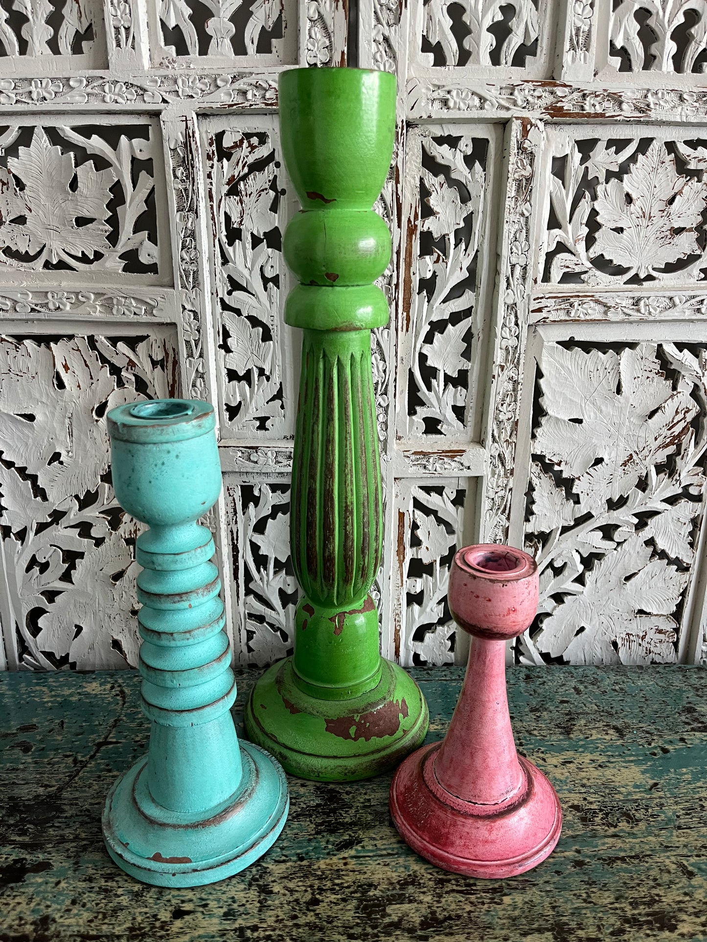 Colourful Trio of Wooden Shabby Chic Candleholders