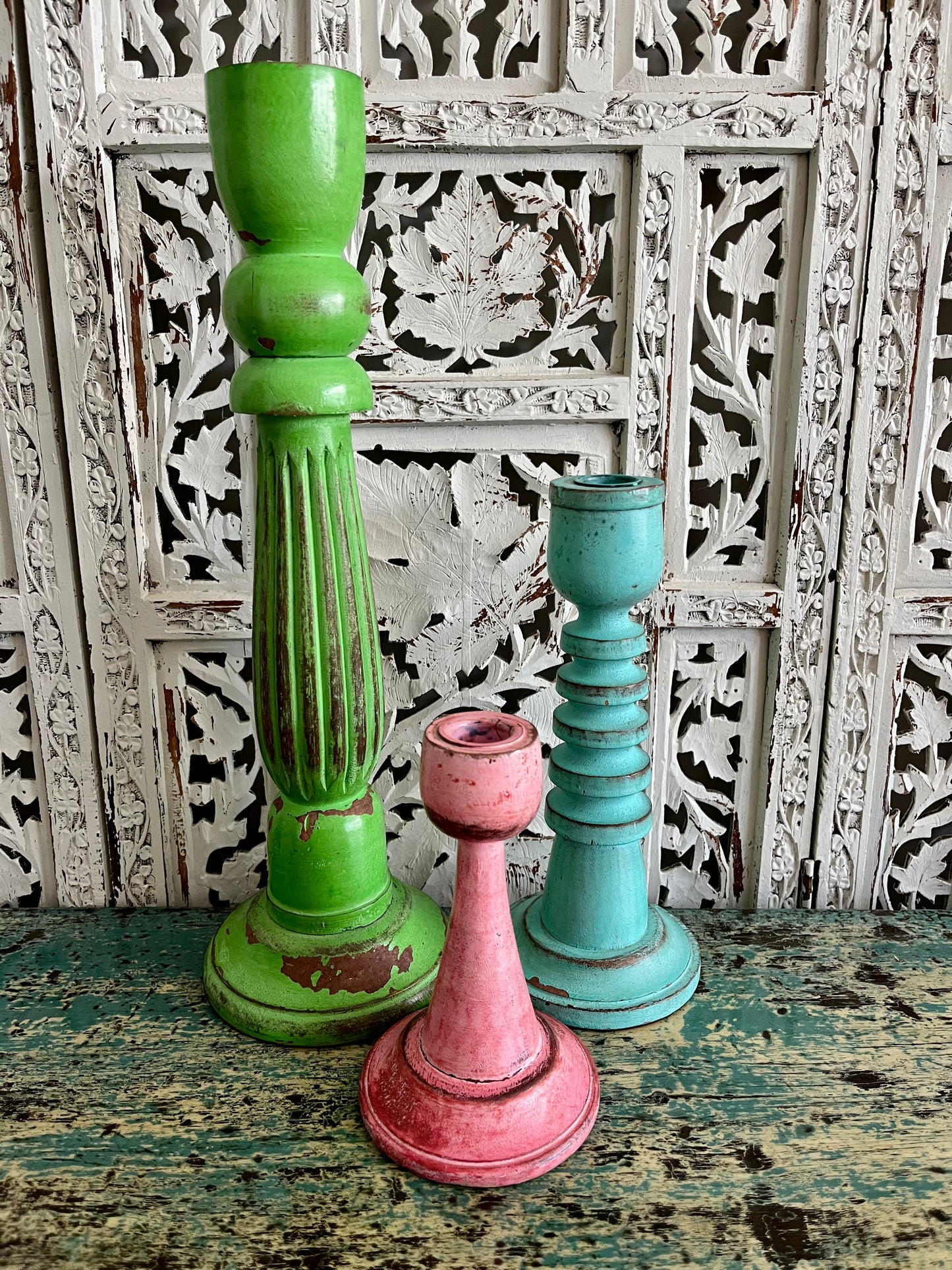 Colourful Trio of Wooden Shabby Chic Candleholders