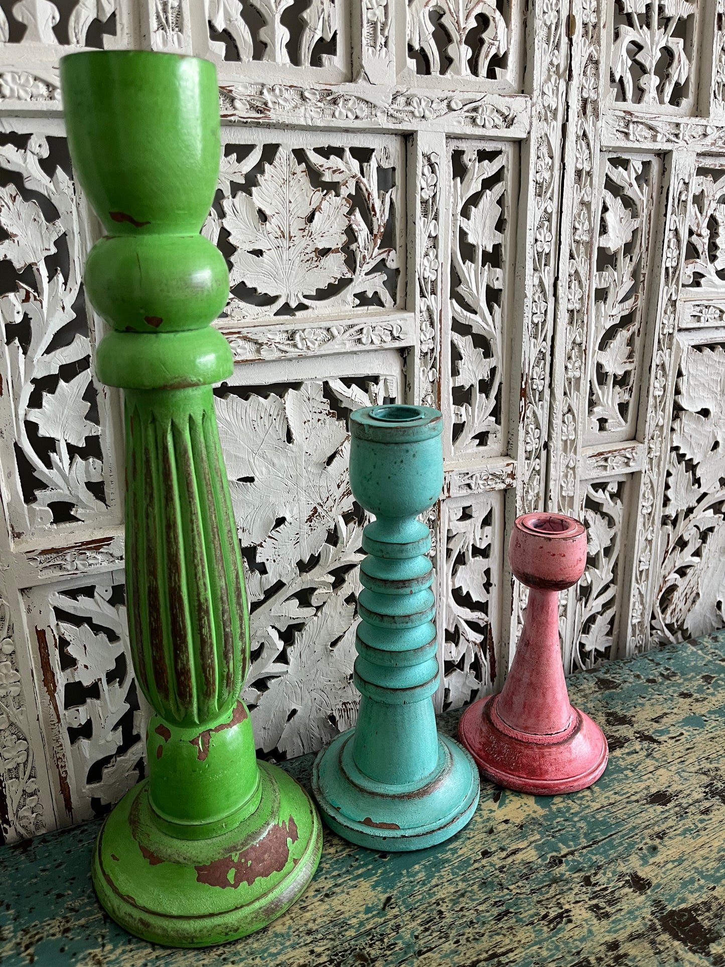 Colourful Trio of Wooden Shabby Chic Candleholders