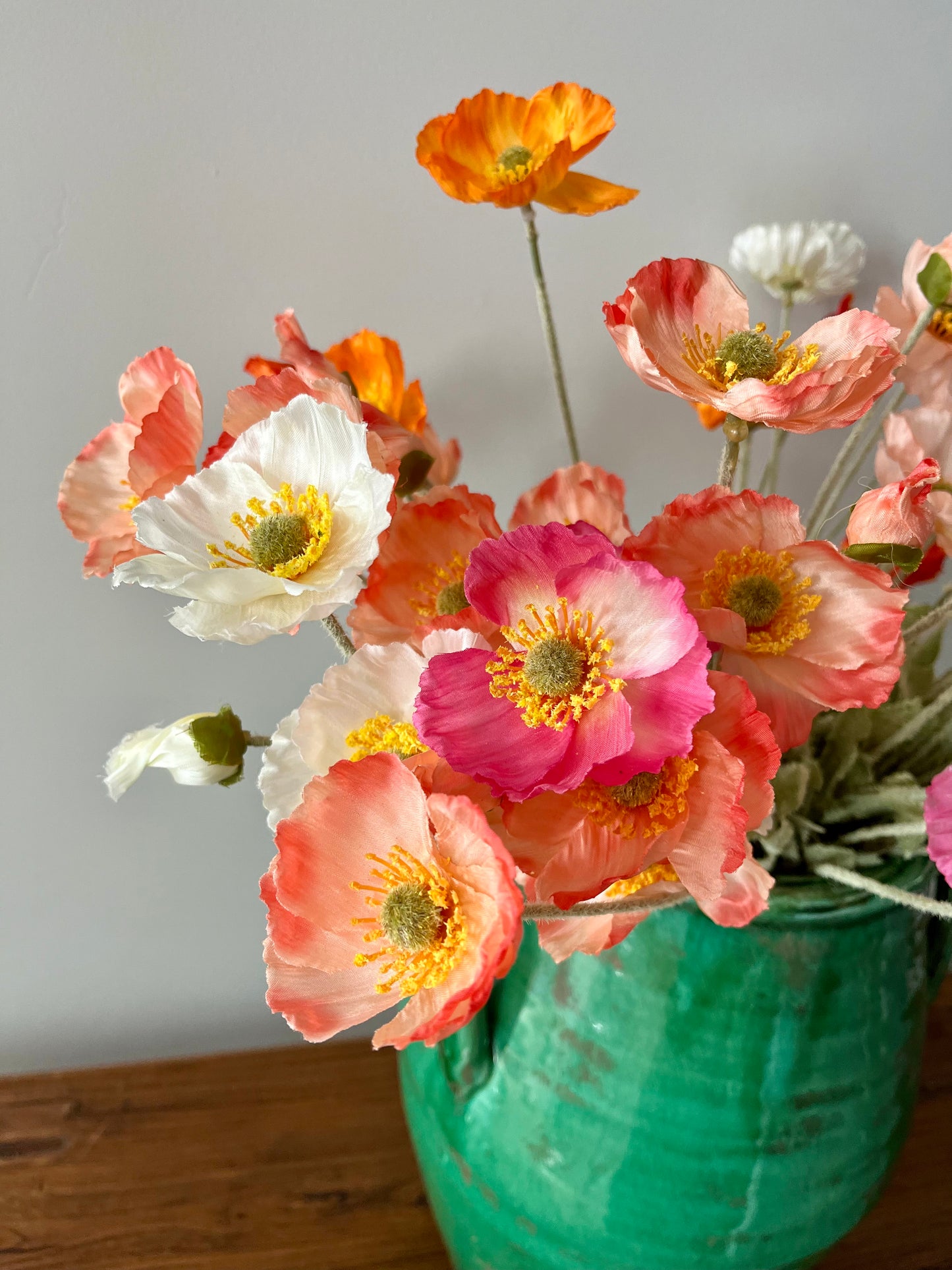 Gorgeous Green Urn Vase with Faux Poppies