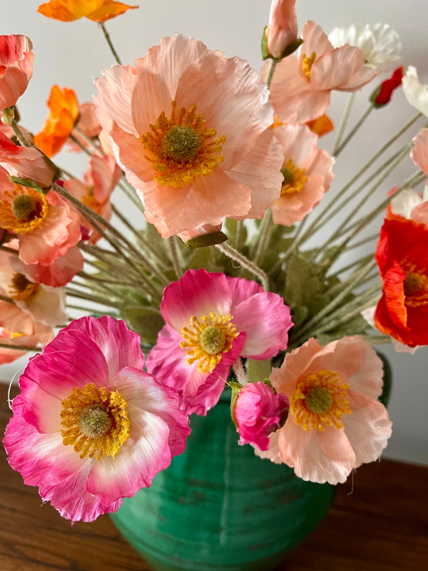 Gorgeous Green Urn Vase with Faux Poppies