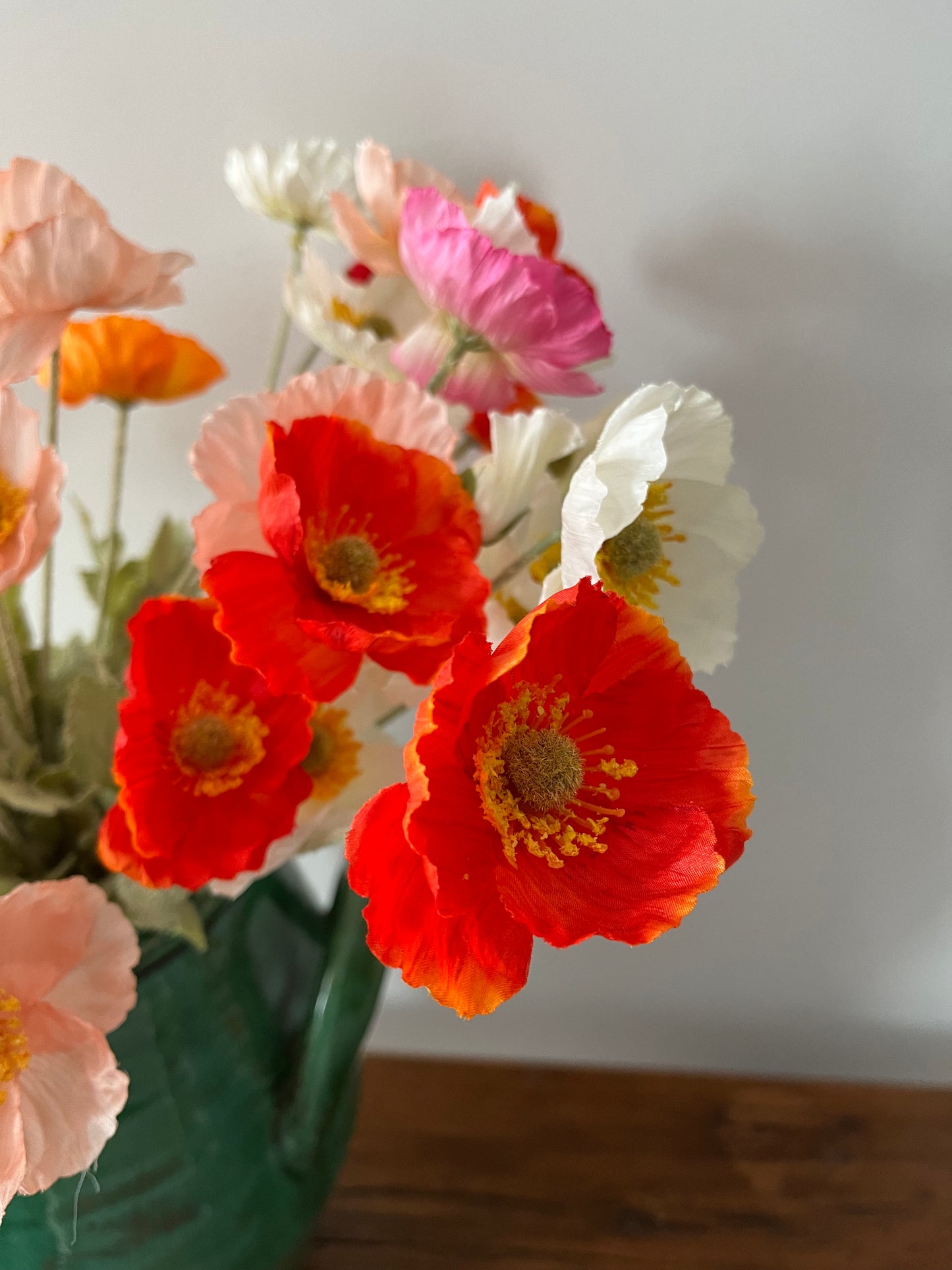 Gorgeous Green Urn Vase with Faux Poppies