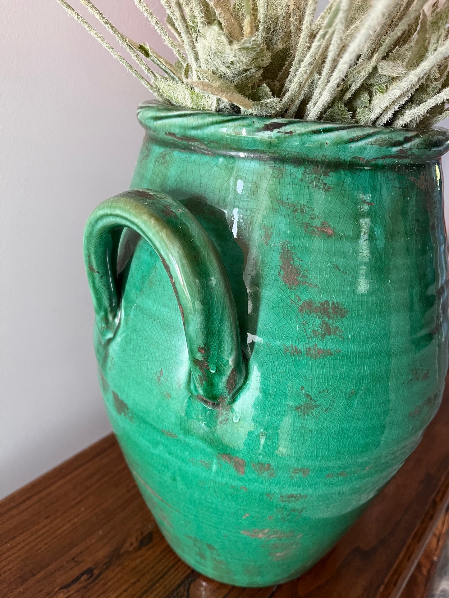 Gorgeous Green Urn Vase with Faux Poppies