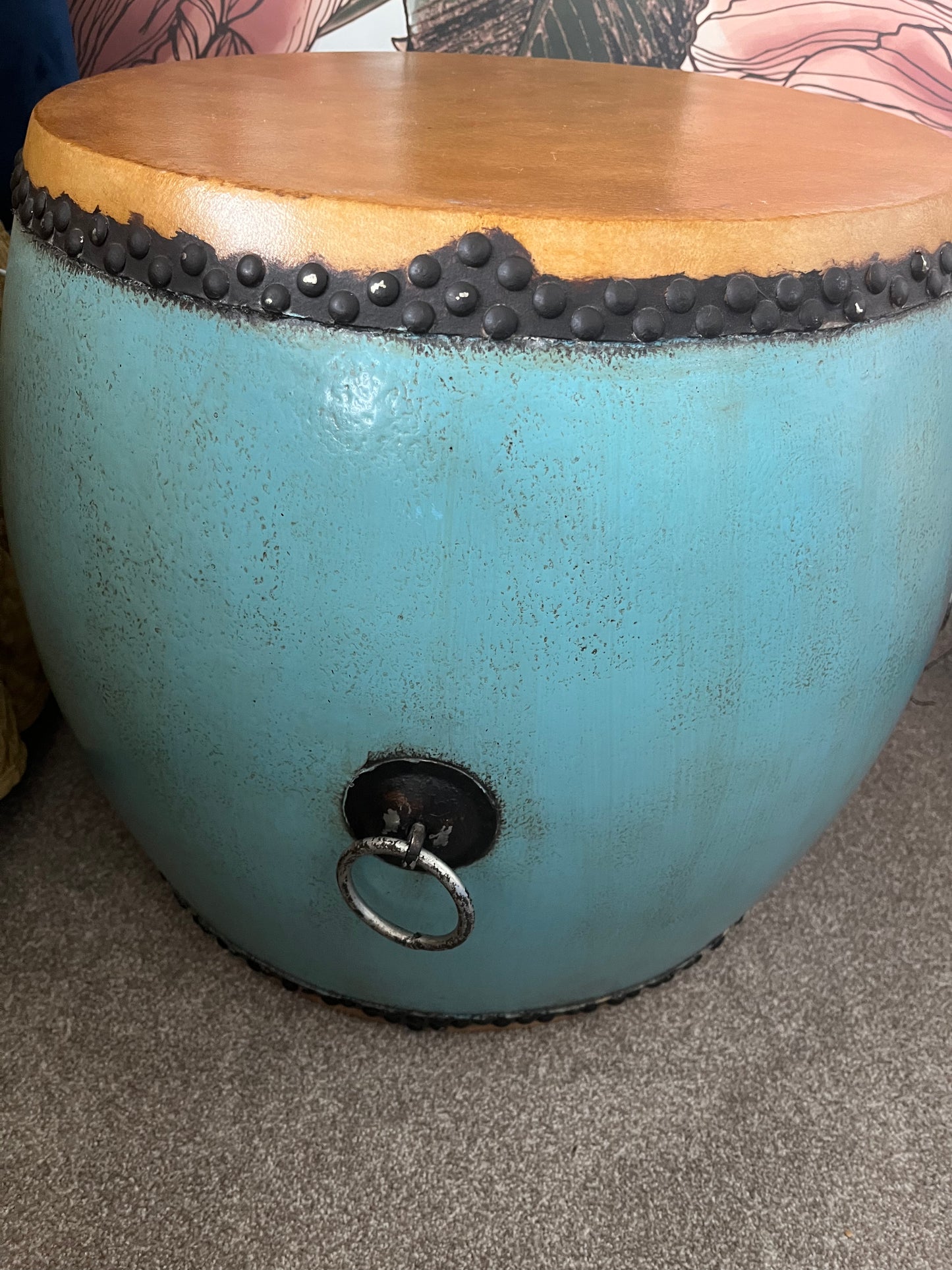 Beautiful Blue Antique Drum Style Table ( with darker top )