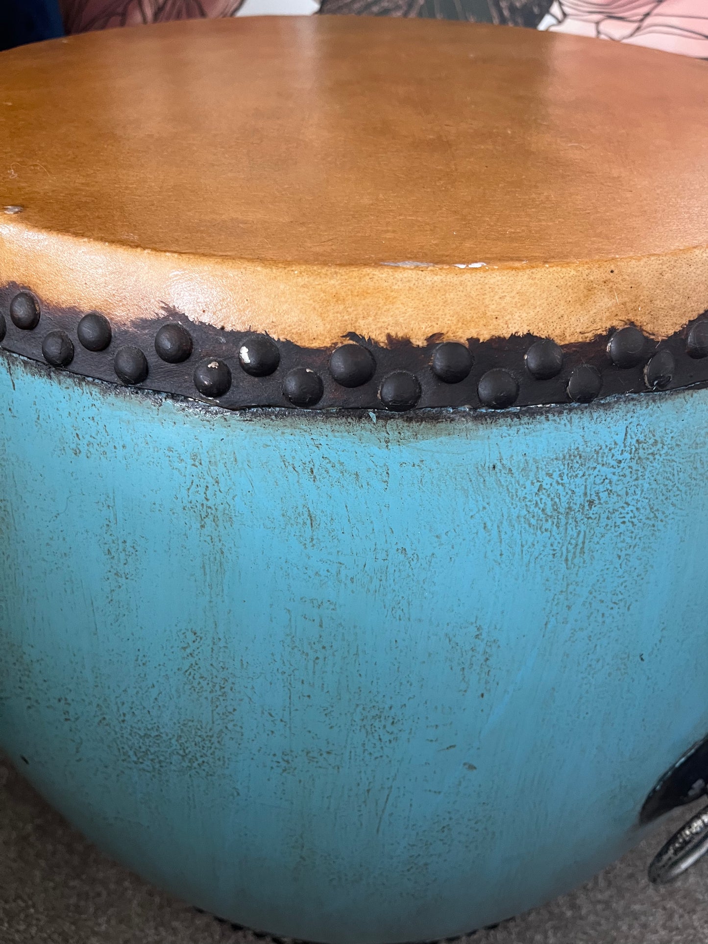Beautiful Blue Antique Drum Style Table ( with darker top )