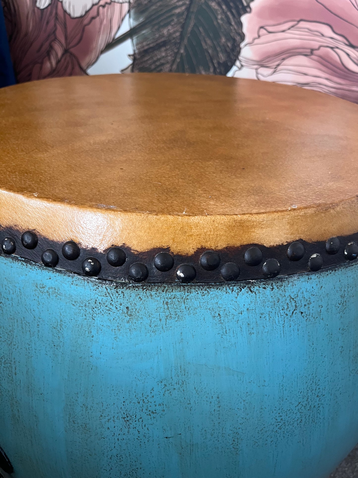 Beautiful Blue Antique Drum Style Table ( with darker top )