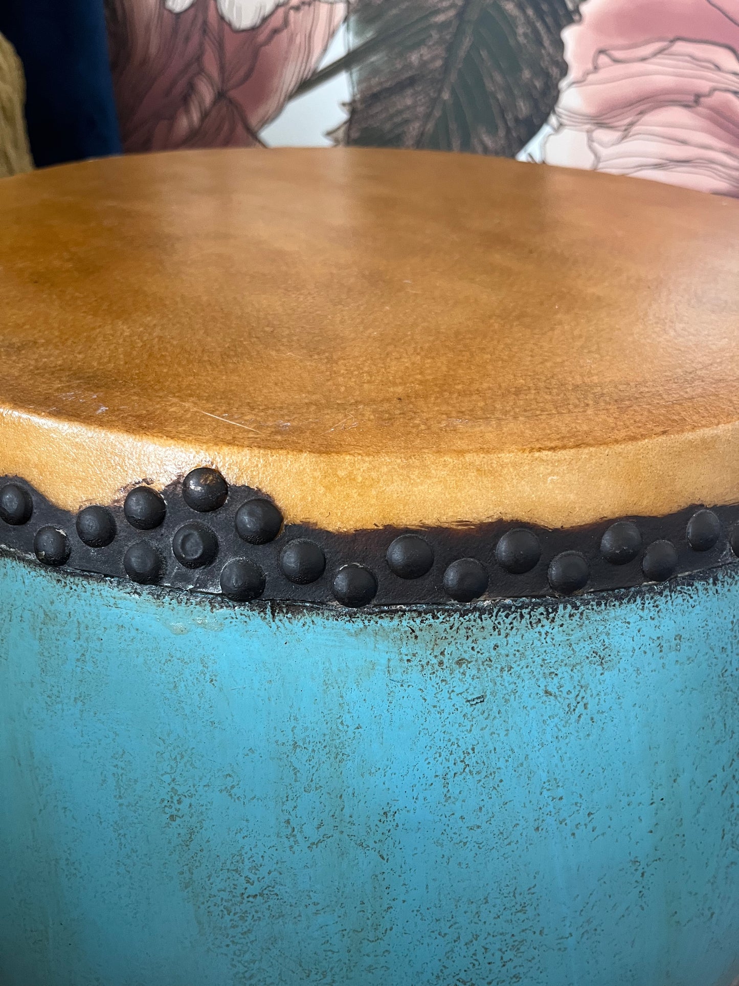 Beautiful Blue Antique Drum Style Table ( with darker top )