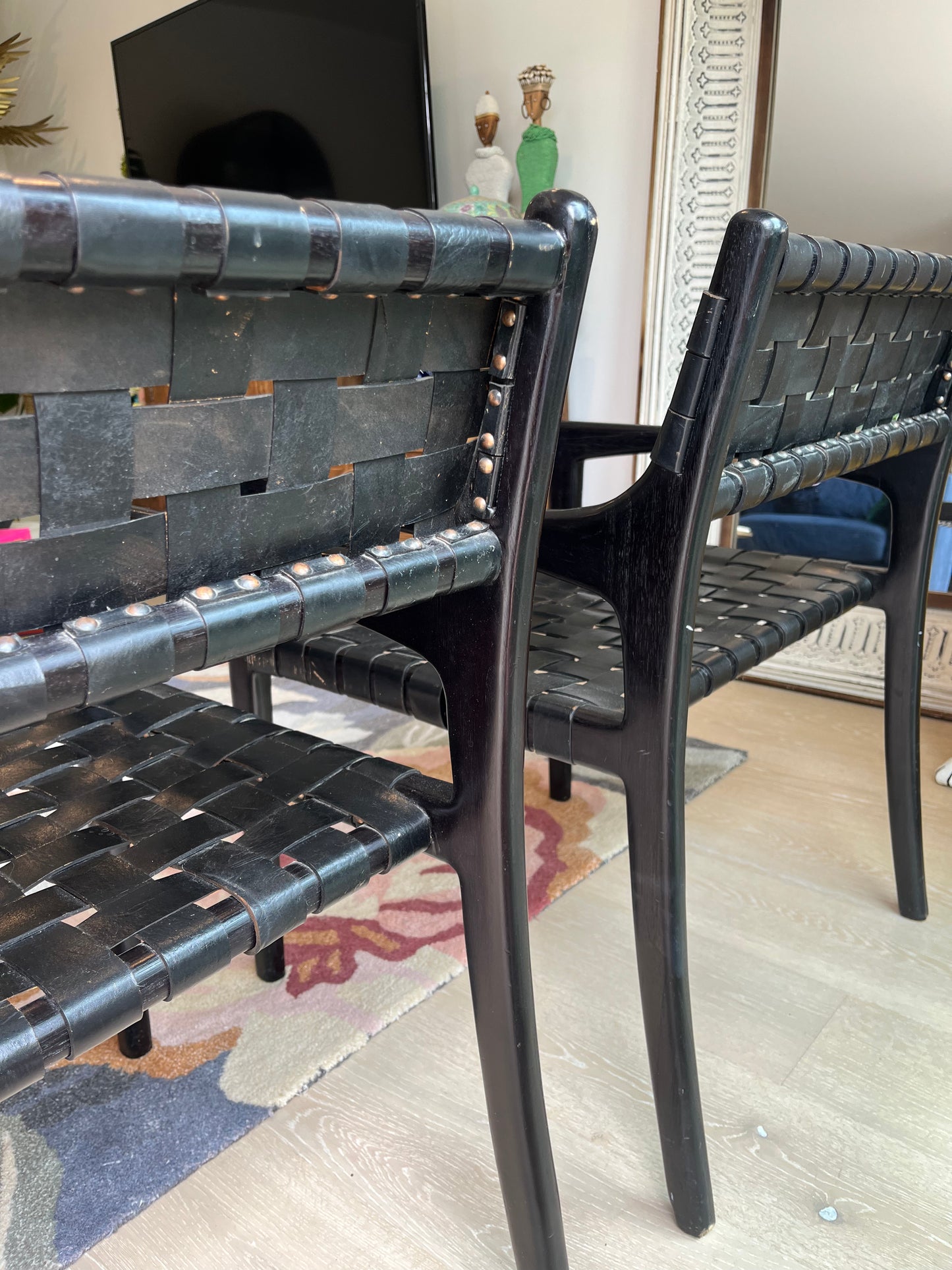 Pair of Leather and Wooden Woven Chairs