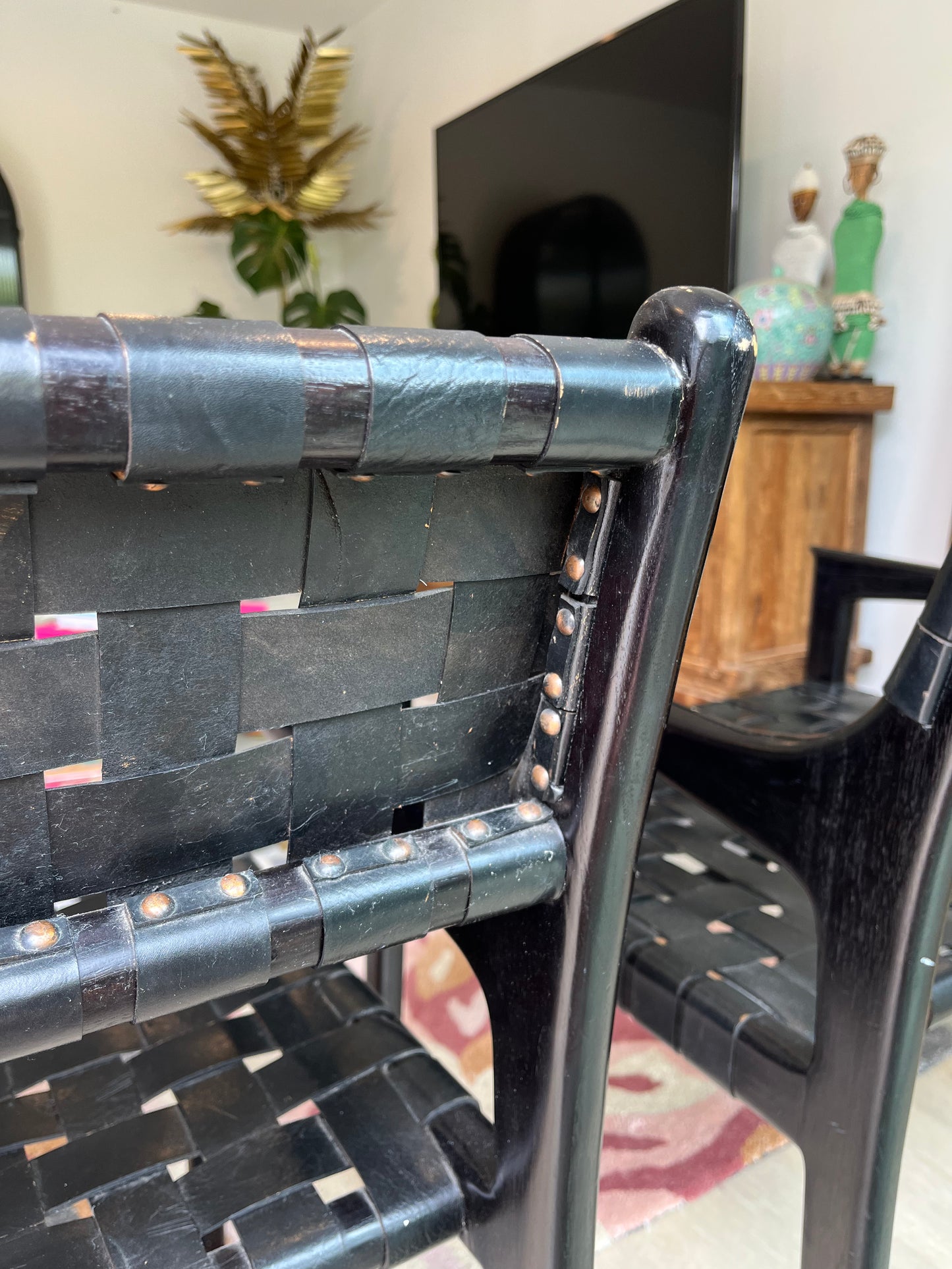 Pair of Leather and Wooden Woven Chairs