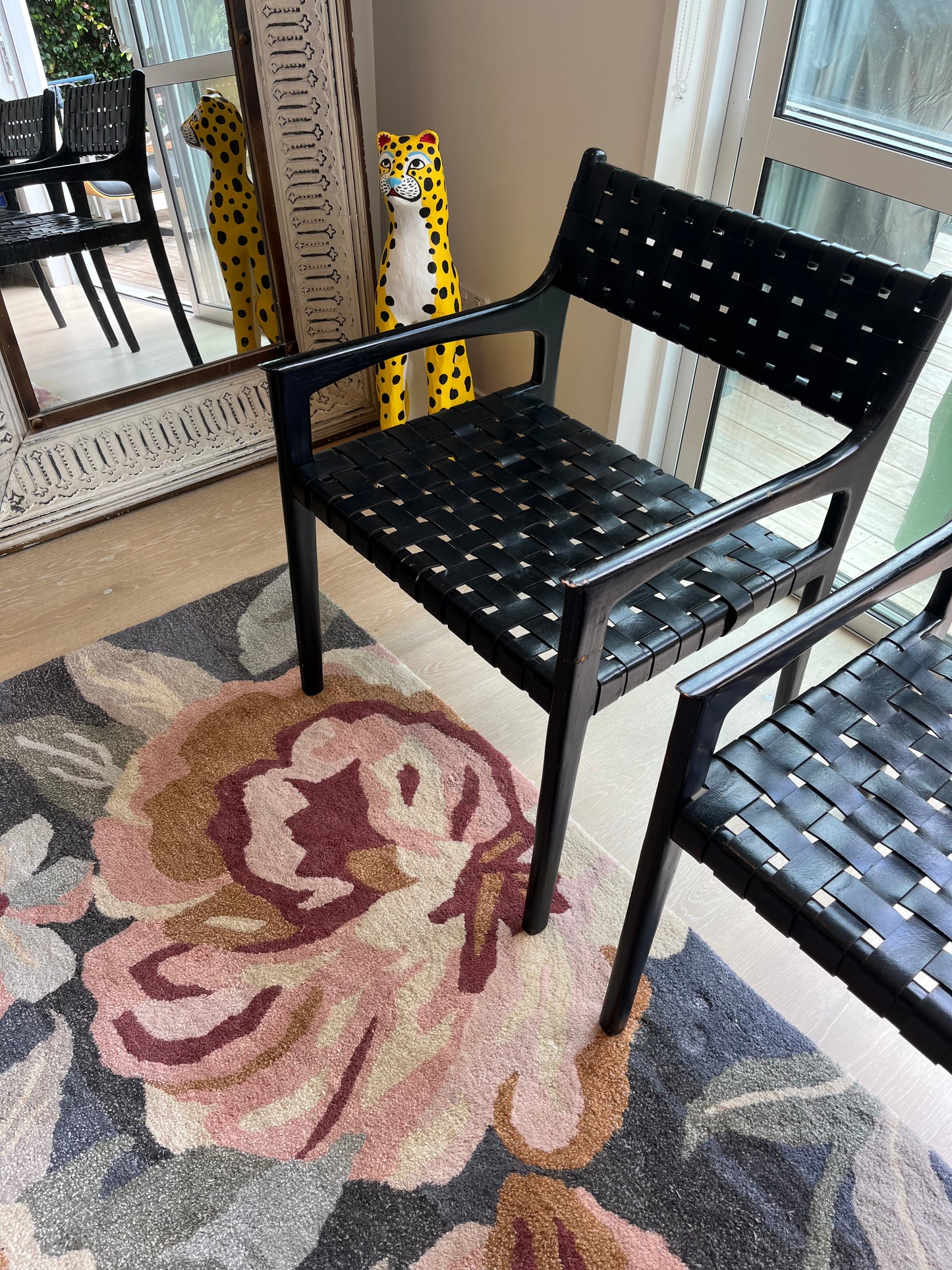 Pair of Leather and Wooden Woven Chairs