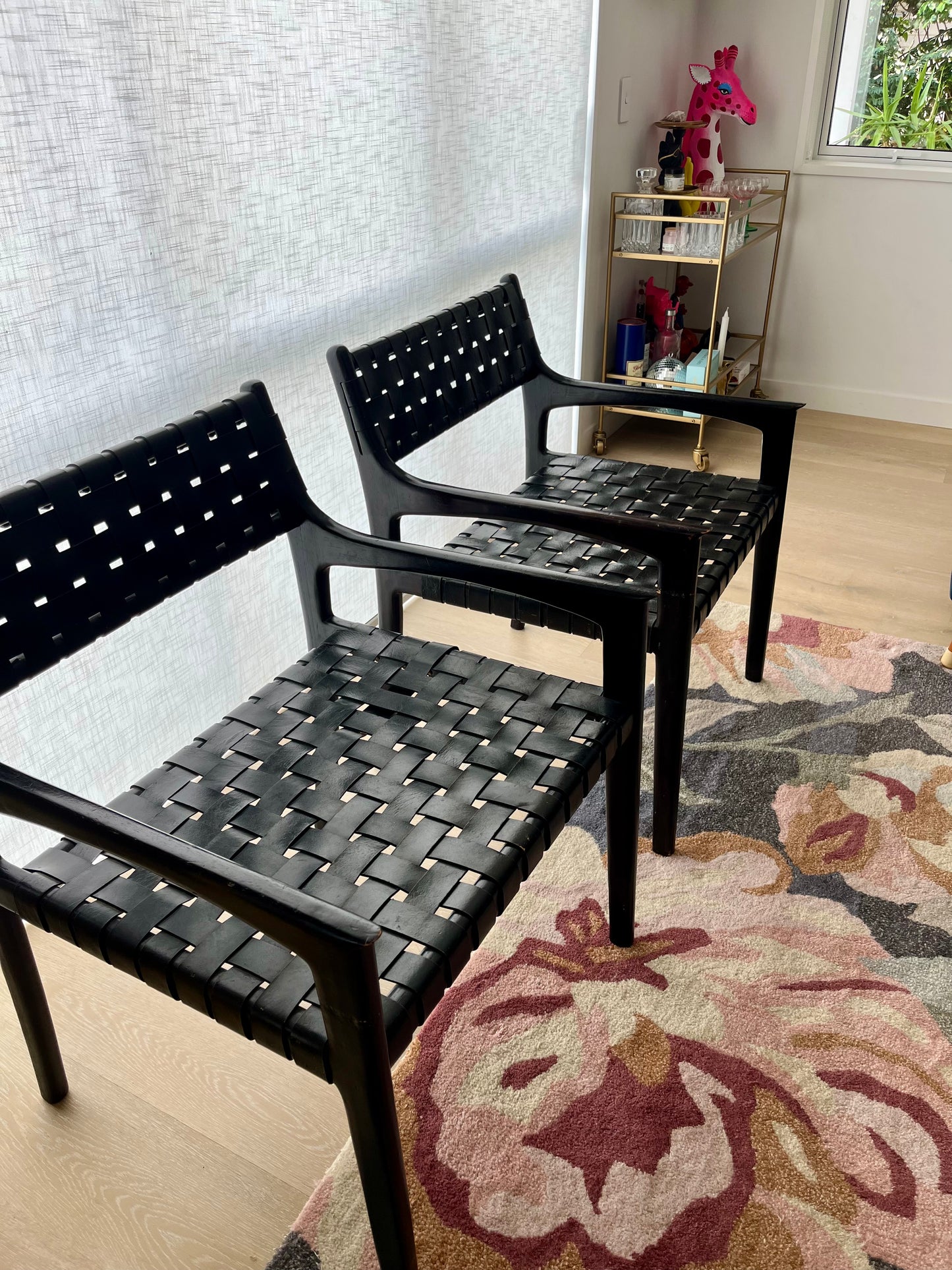 Pair of Leather and Wooden Woven Chairs