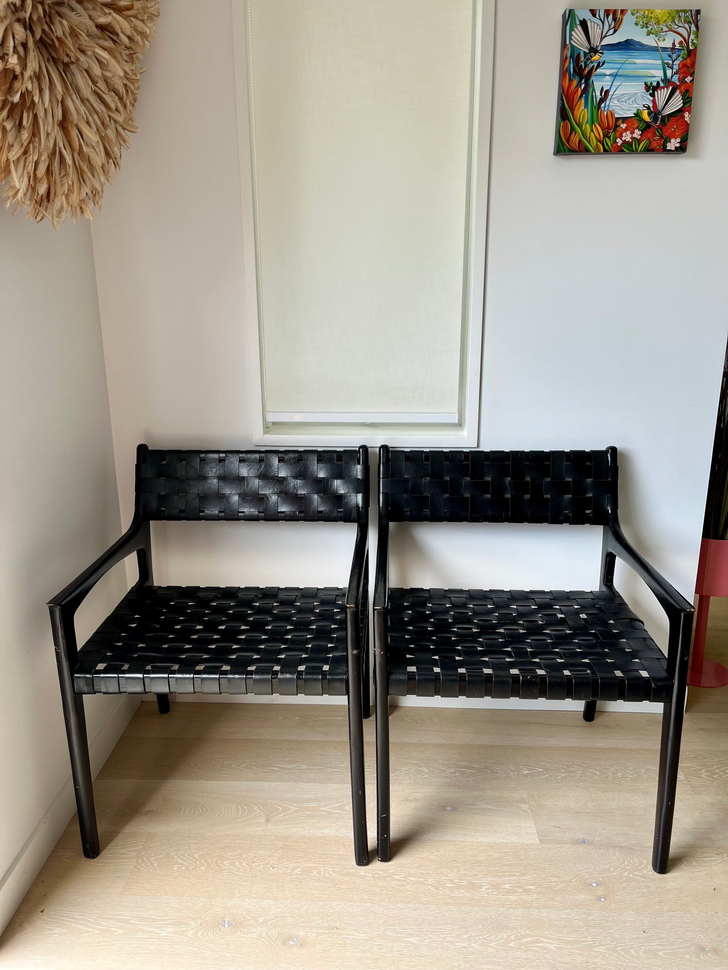 Pair of Leather and Wooden Woven Chairs
