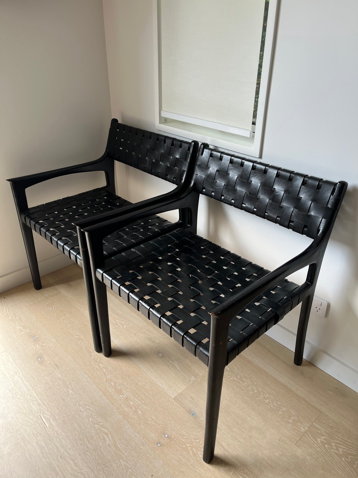 Pair of Leather and Wooden Woven Chairs