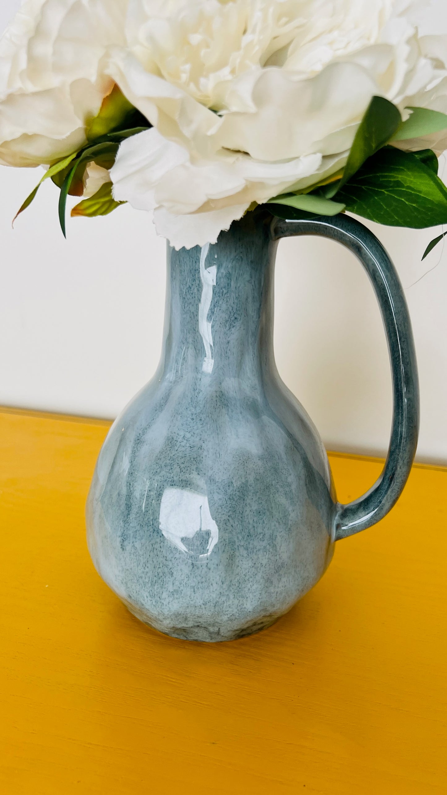 Blue Vase with Faux Peony Flowers