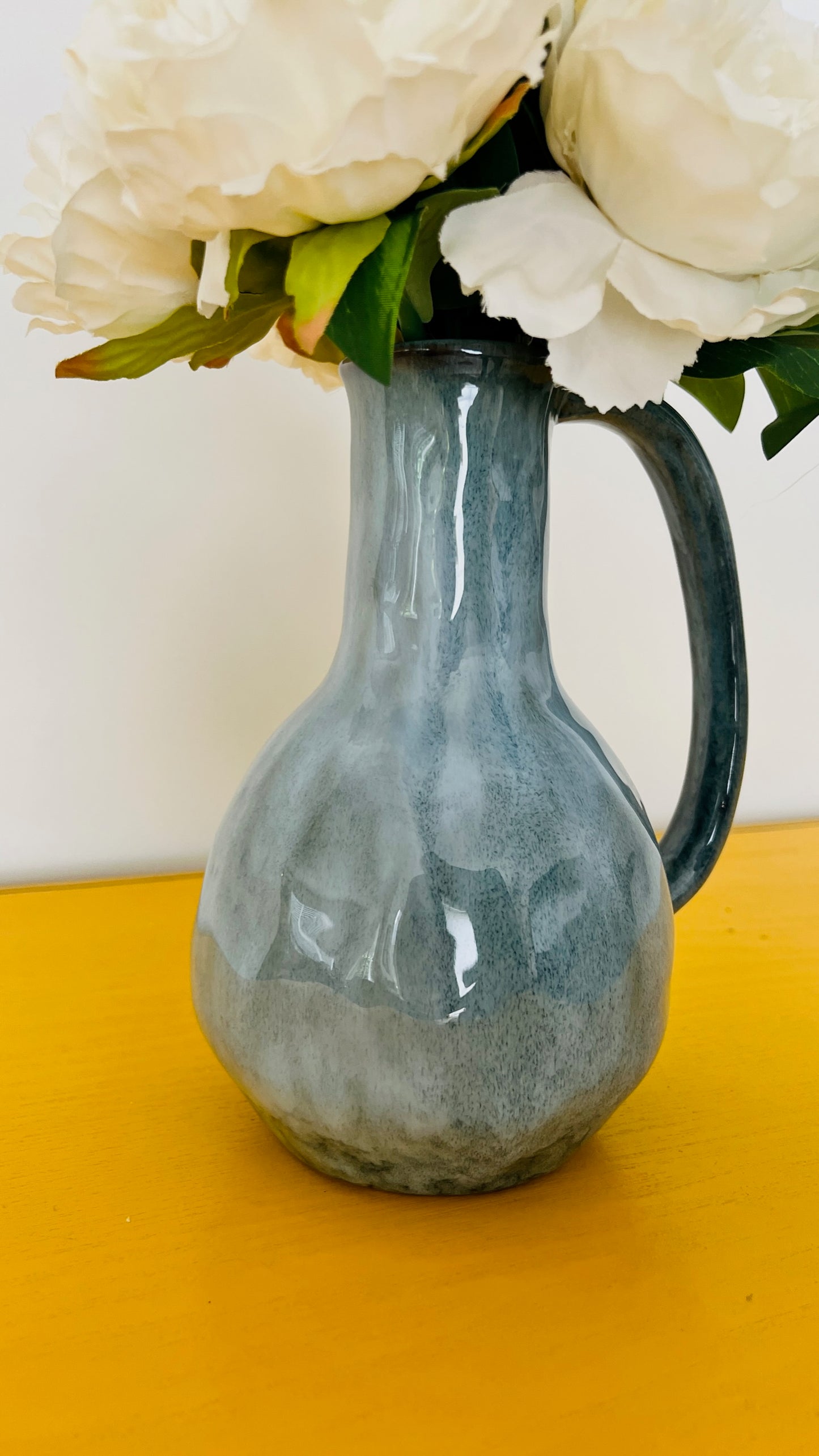 Blue Vase with Faux Peony Flowers