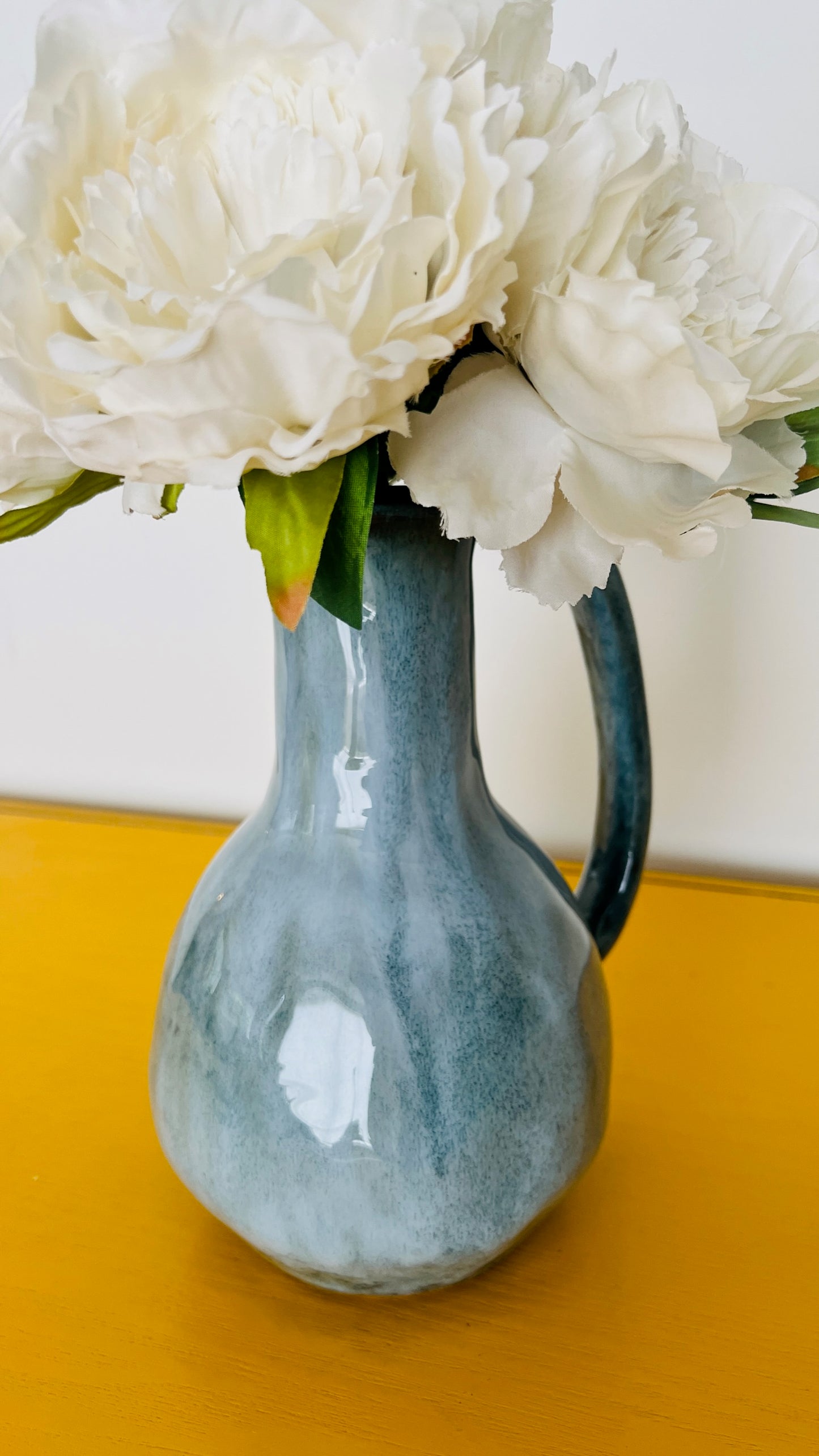 Blue Vase with Faux Peony Flowers