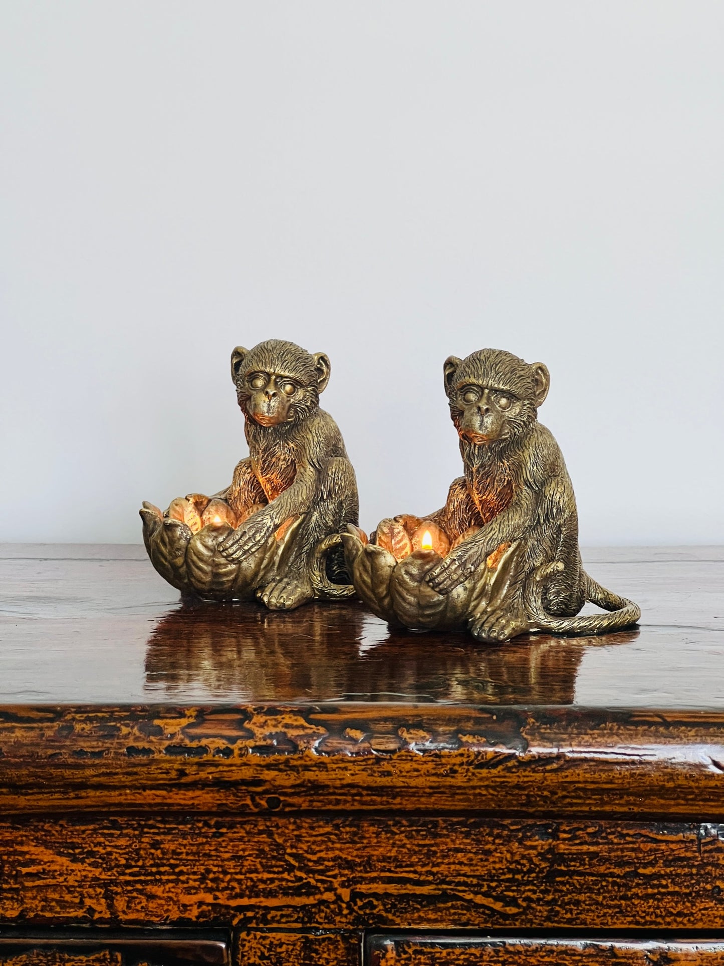 Pair of Bronze Monkey Candle Holders