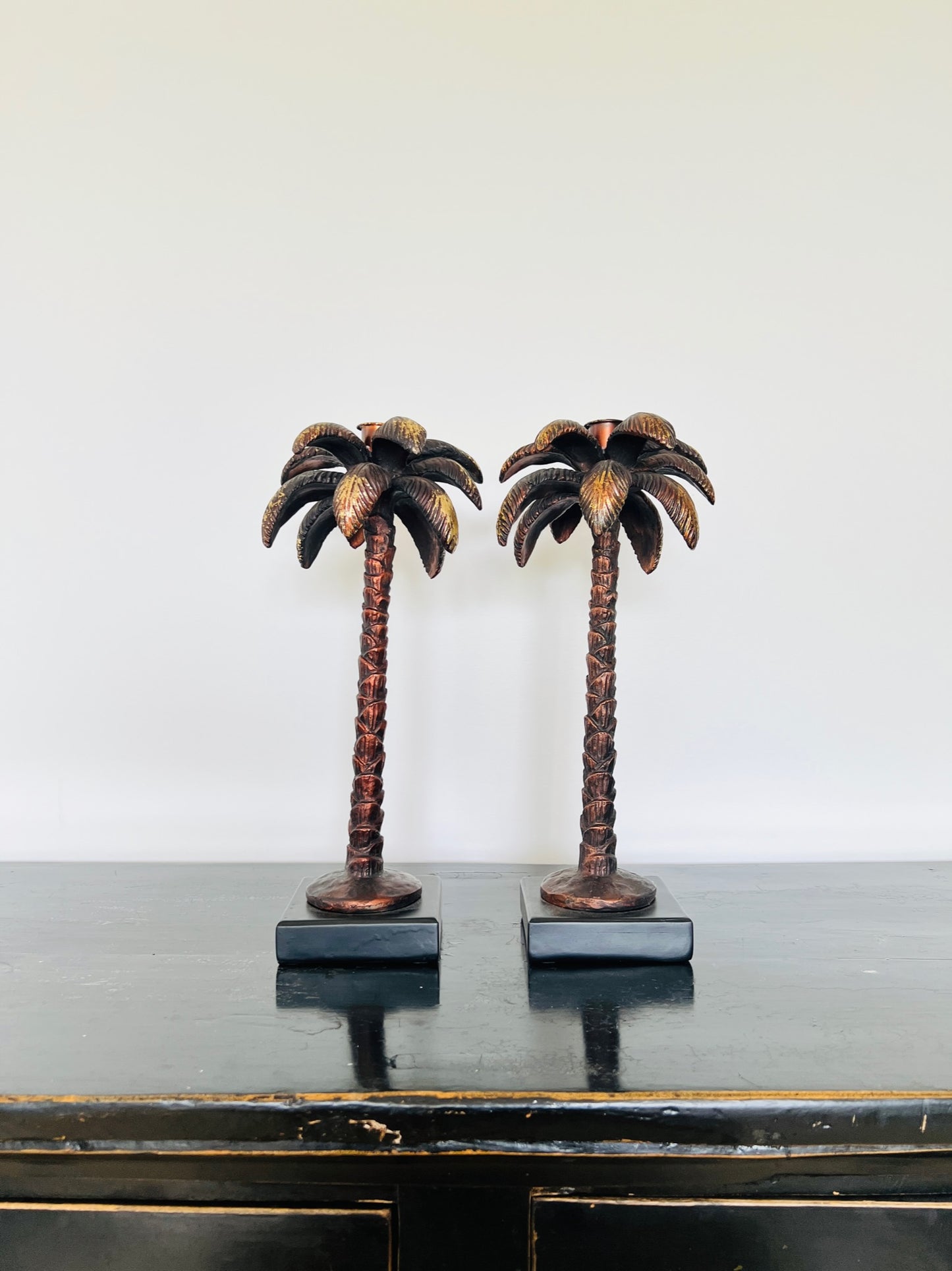Pair of Bronze Palm Candlesticks