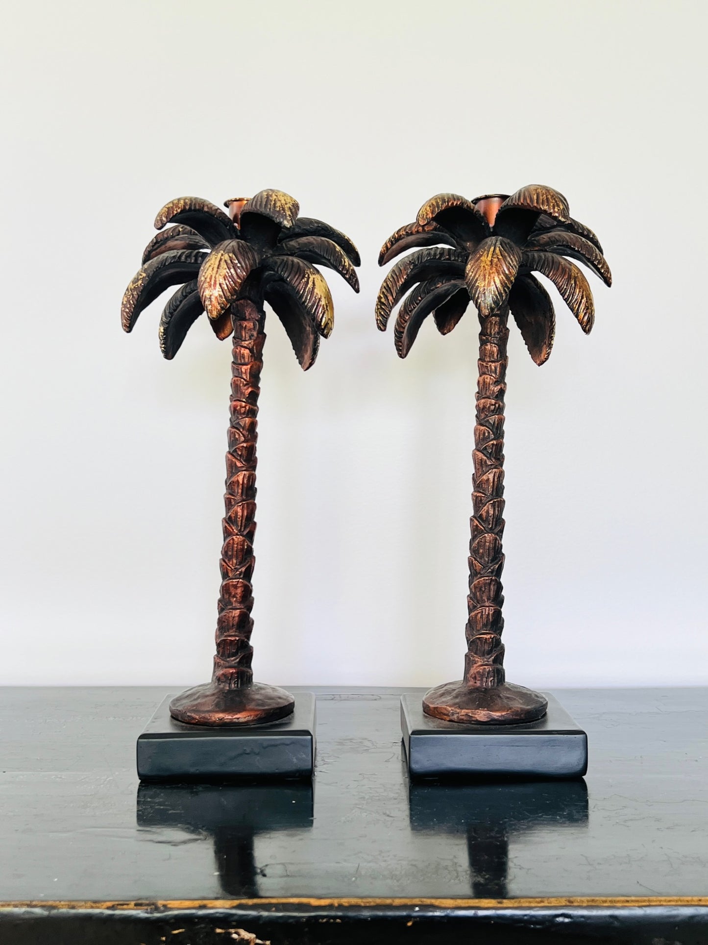 Pair of Bronze Palm Candlesticks
