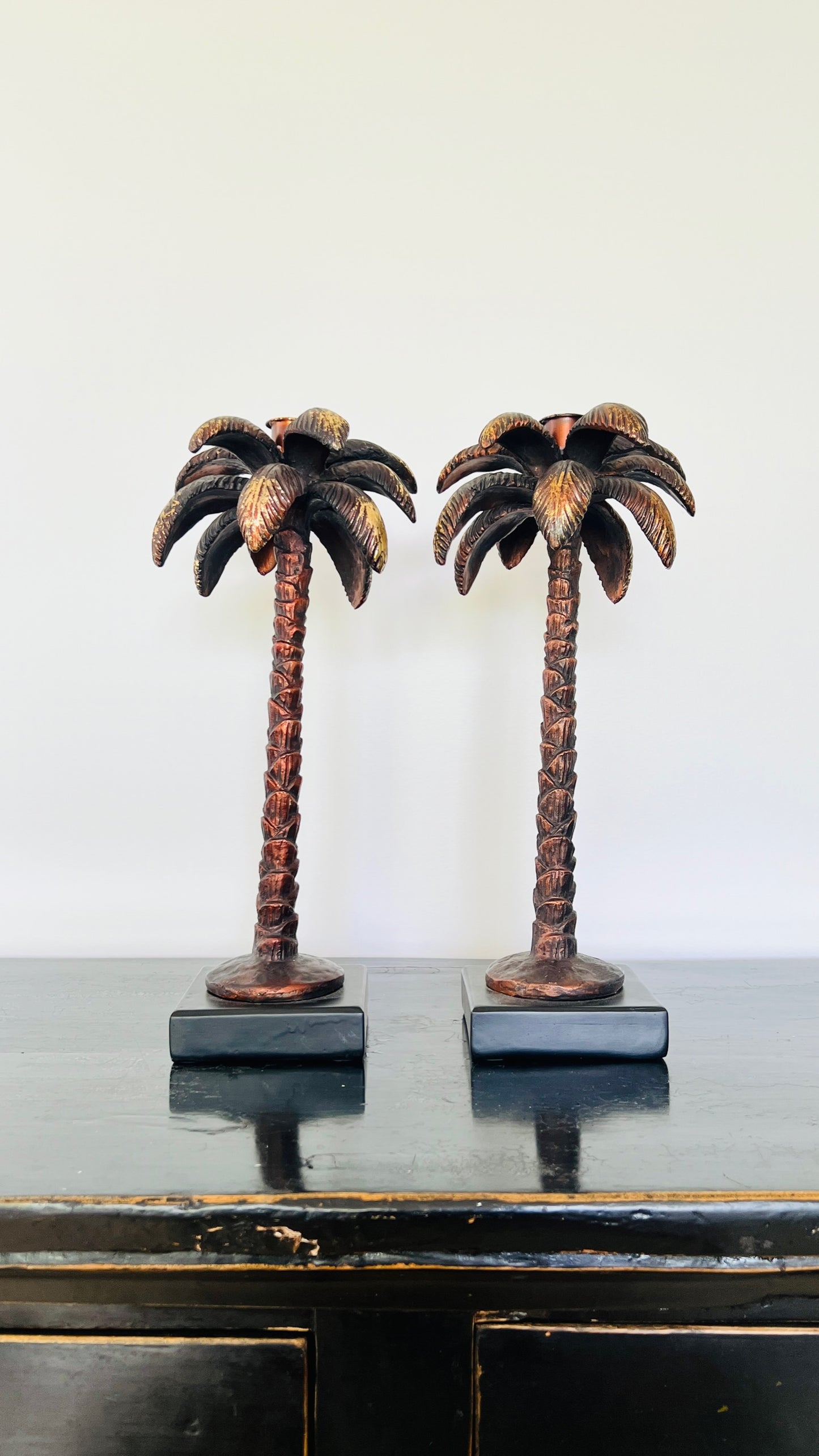 Pair of Bronze Palm Candlesticks