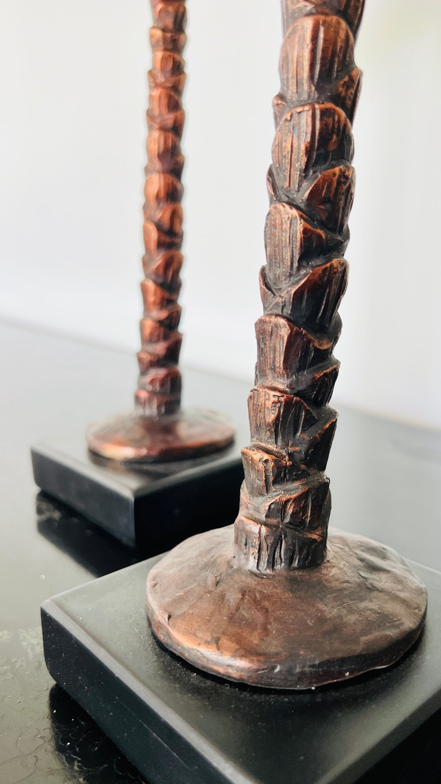 Pair of Bronze Palm Candlesticks