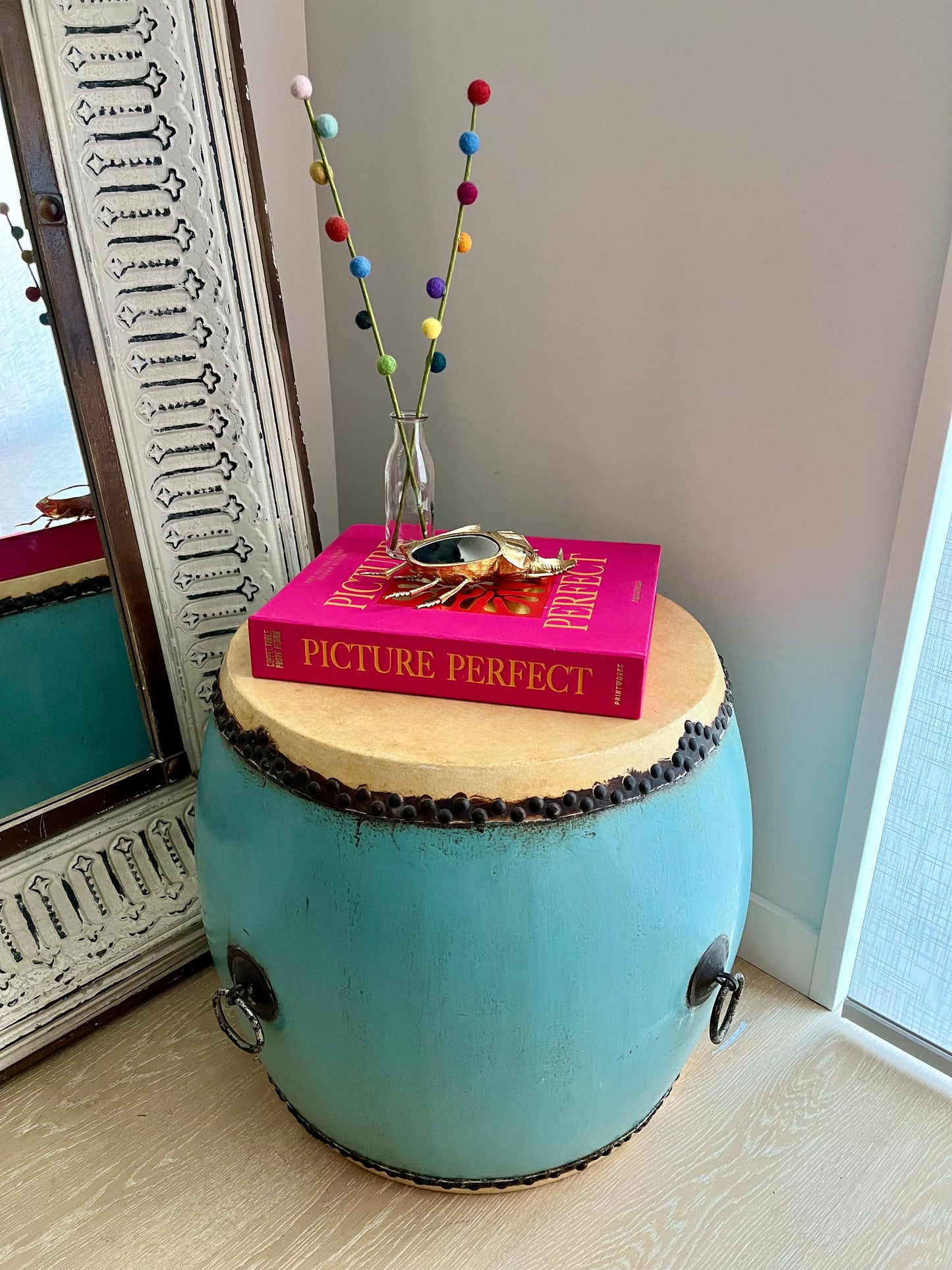 Beautiful Blue Antique Drum Style Table ( lighter top )