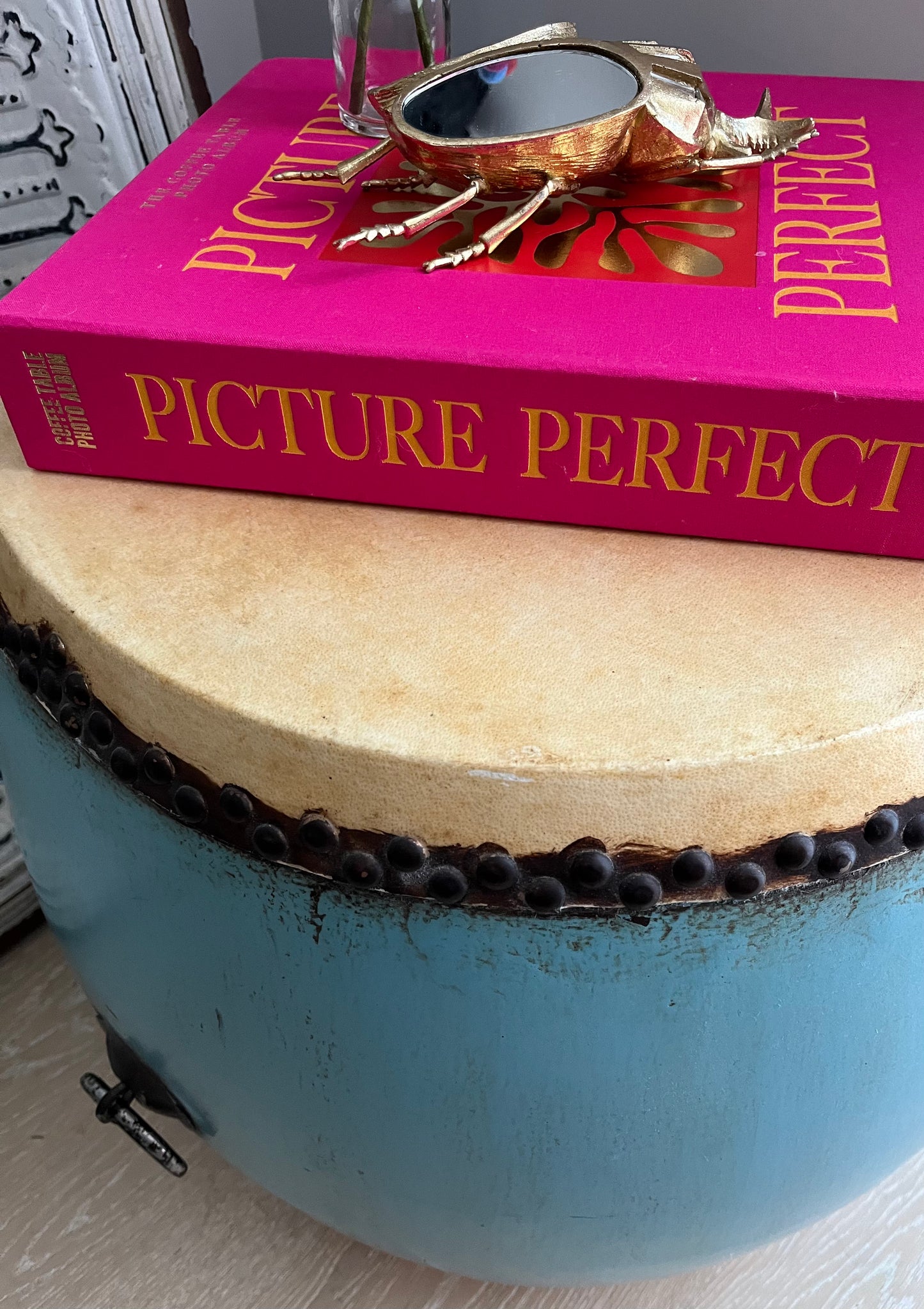 Beautiful Blue Antique Drum Style Table ( lighter top )