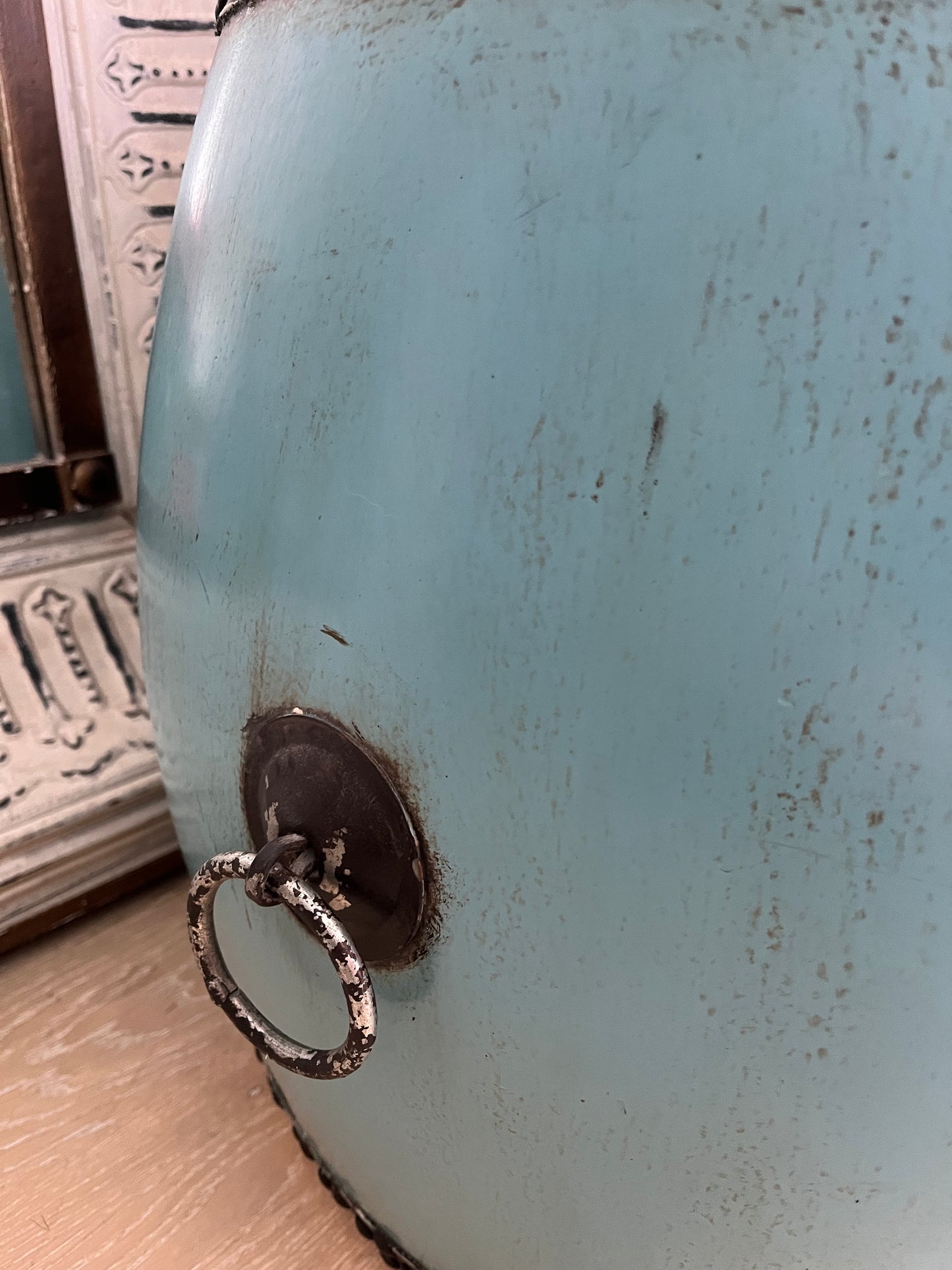 Beautiful Blue Antique Drum Style Table ( lighter top )