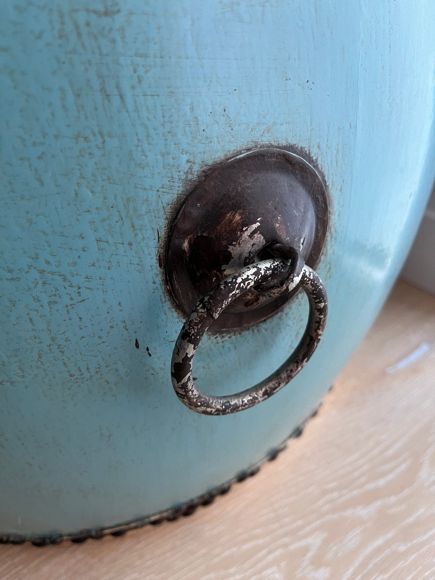 Beautiful Blue Antique Drum Style Table ( lighter top )