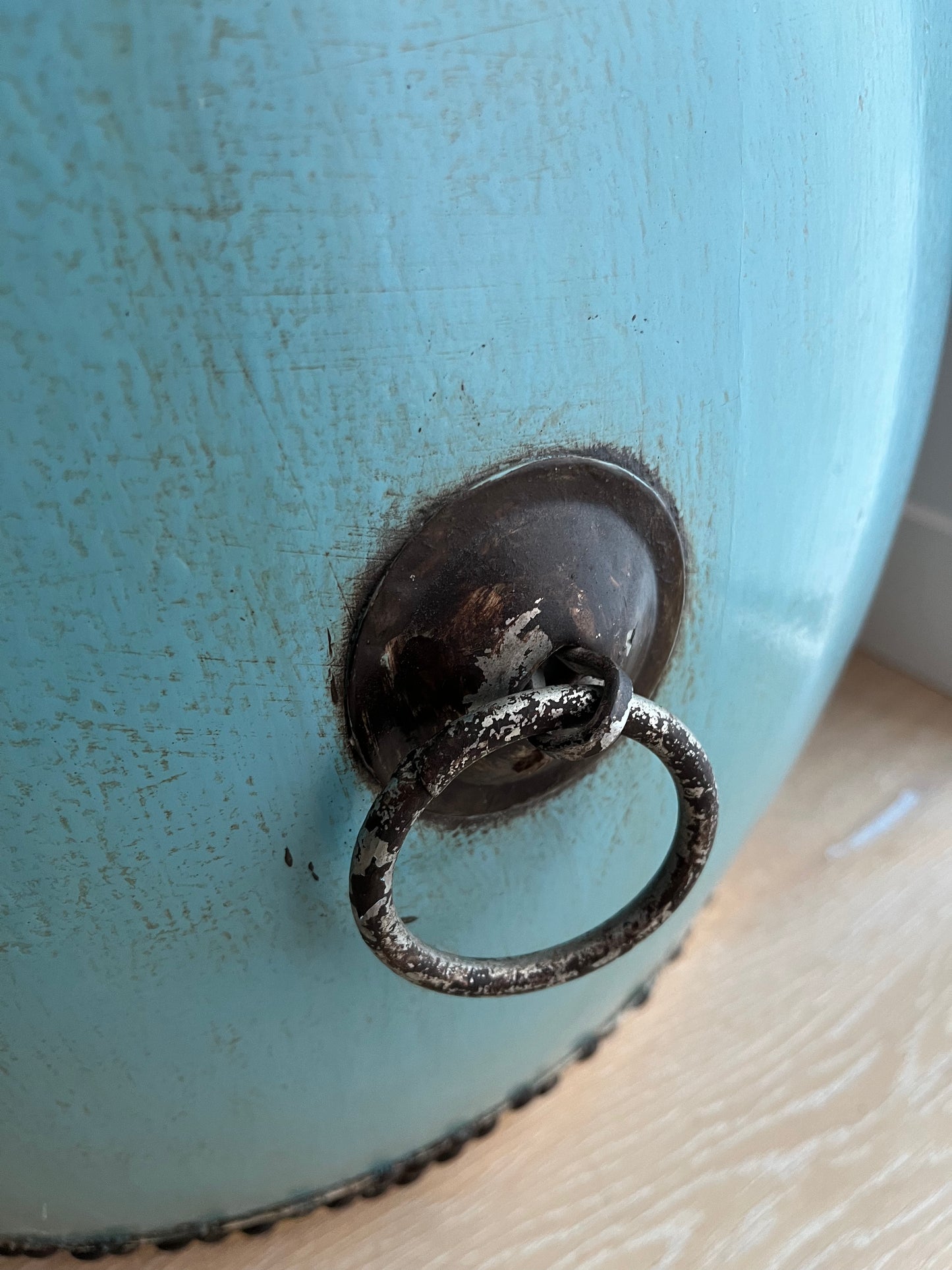 Beautiful Blue Antique Drum Style Table ( lighter top )