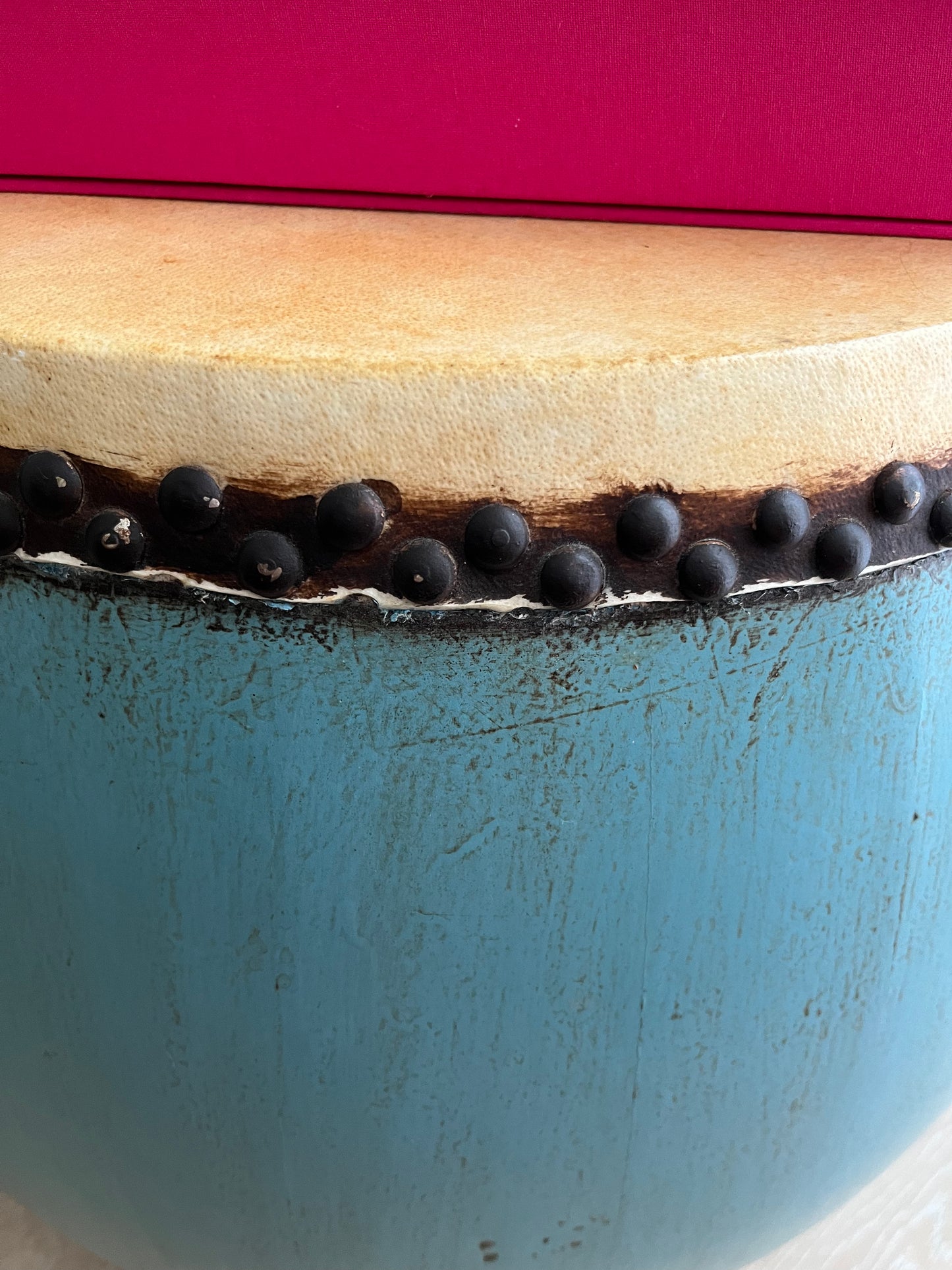 Beautiful Blue Antique Drum Style Table ( lighter top )