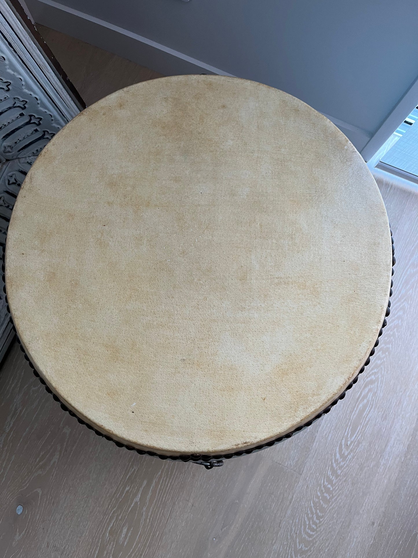 Beautiful Blue Antique Drum Style Table ( lighter top )