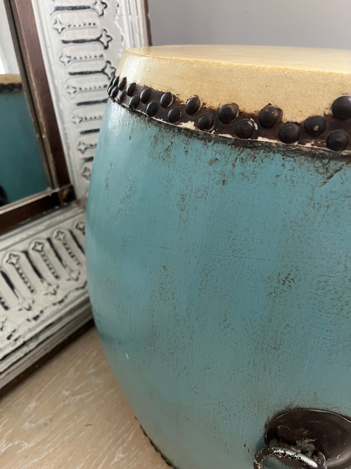 Beautiful Blue Antique Drum Style Table ( lighter top )
