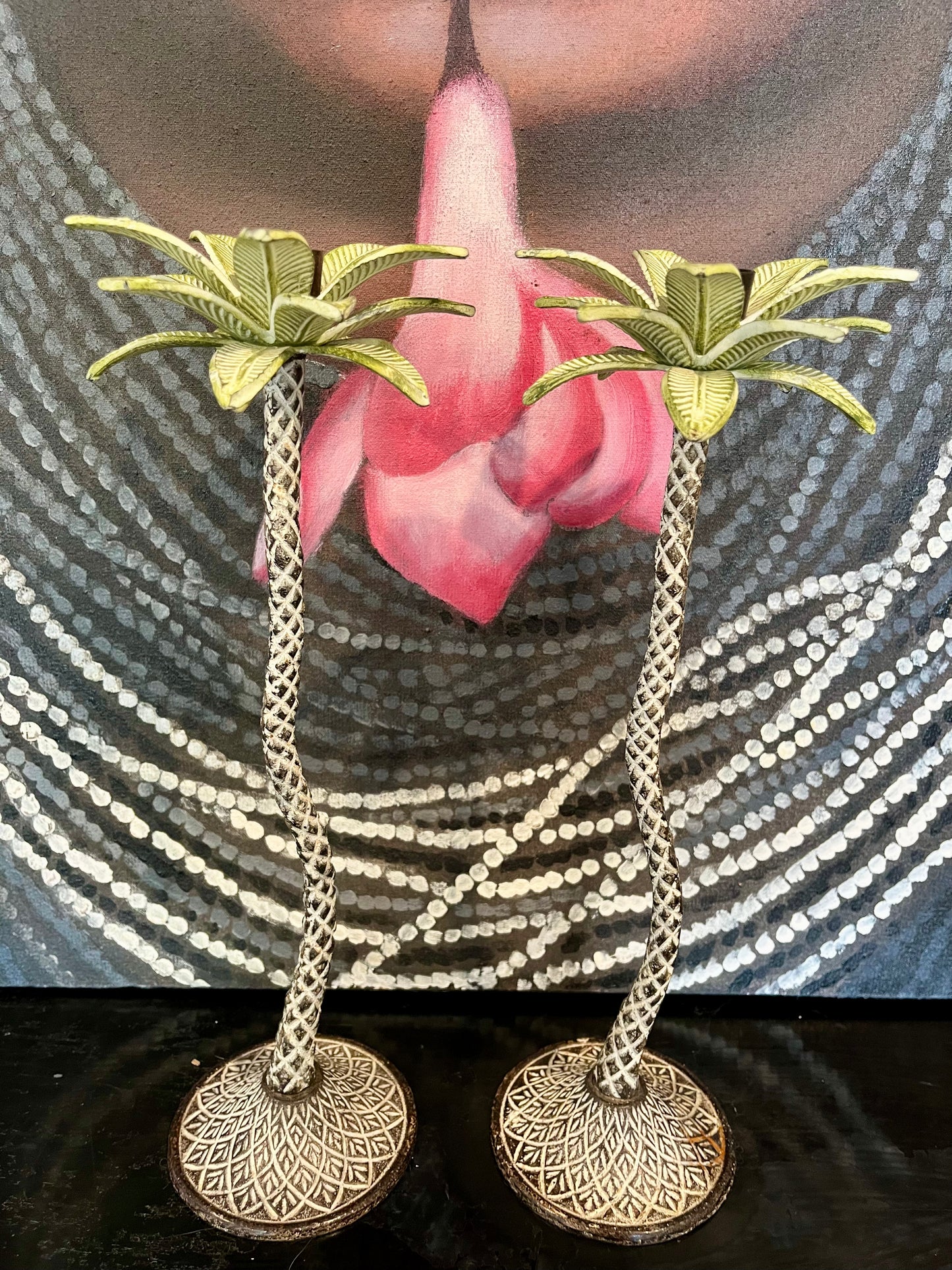 A Beautiful Pair of Metal Palm Tree Candlesticks