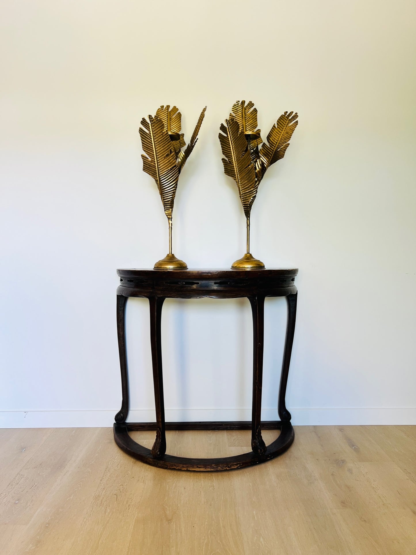 Beautiful Banana Leaf Candlestick Pair-Gold Metal