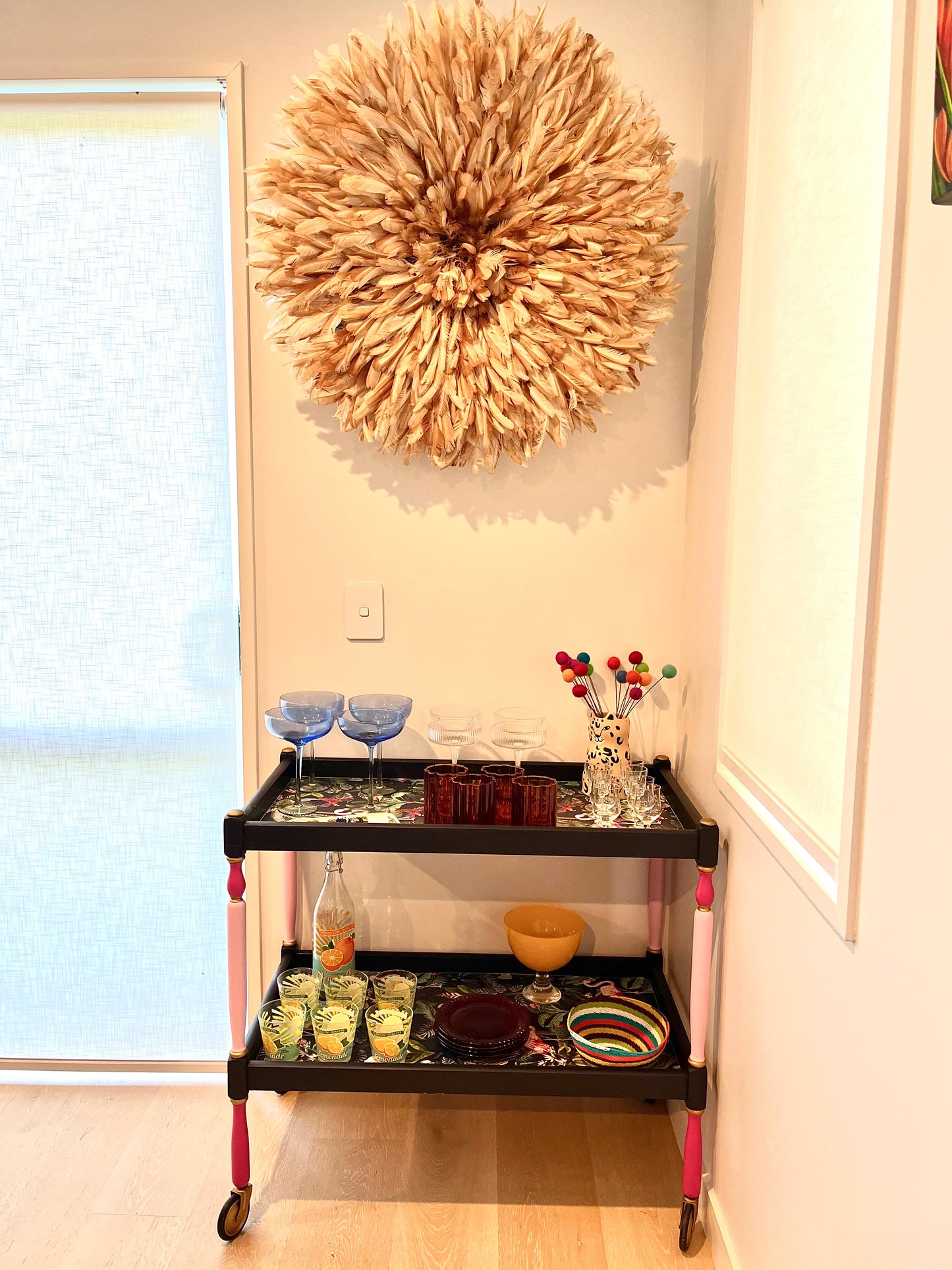 Mid Century Tropical Bar Cart with accessories